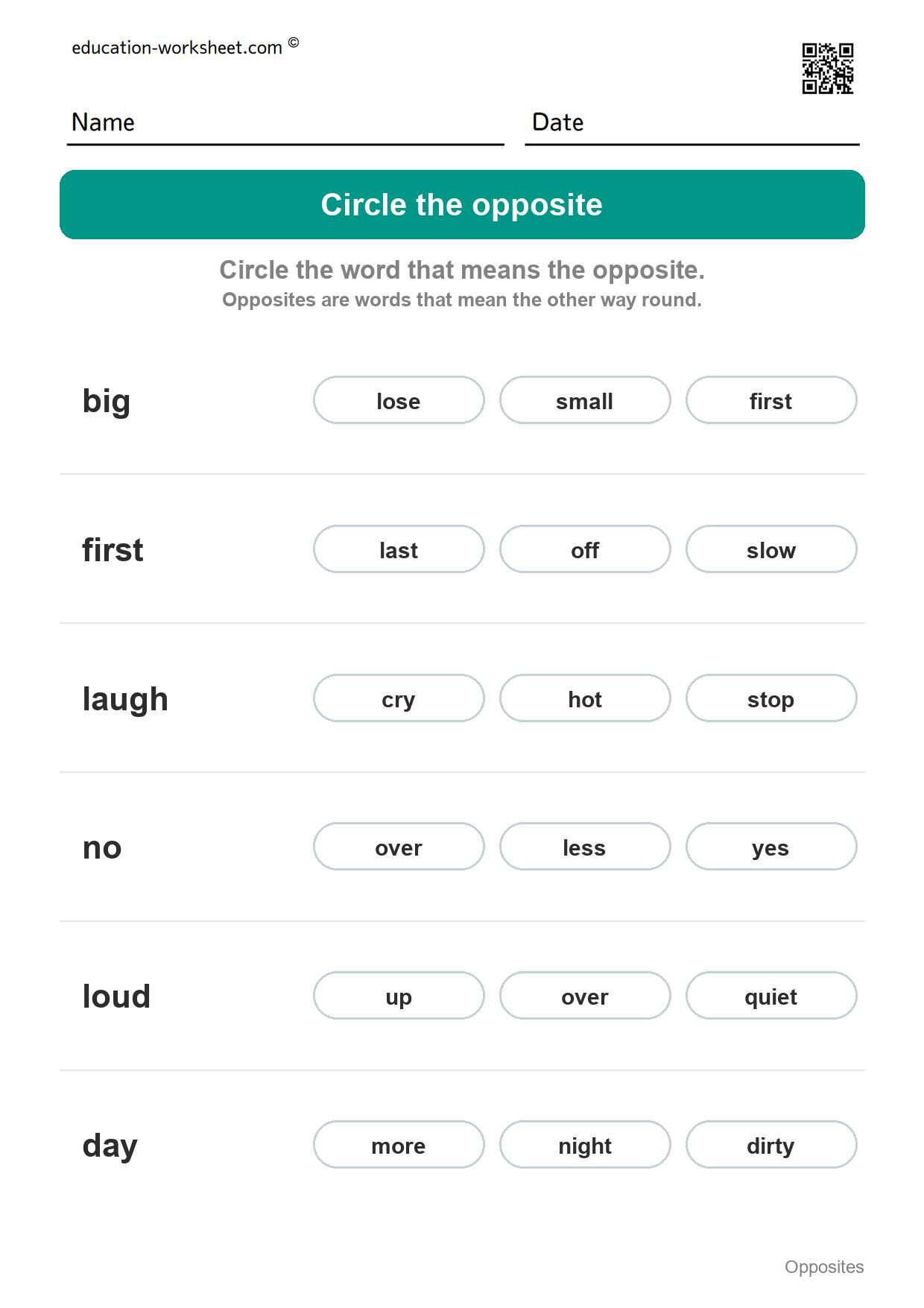 Circle the opposite (Set 3) - Free Opposites Worksheets for Kindergarten - Match the Opposite