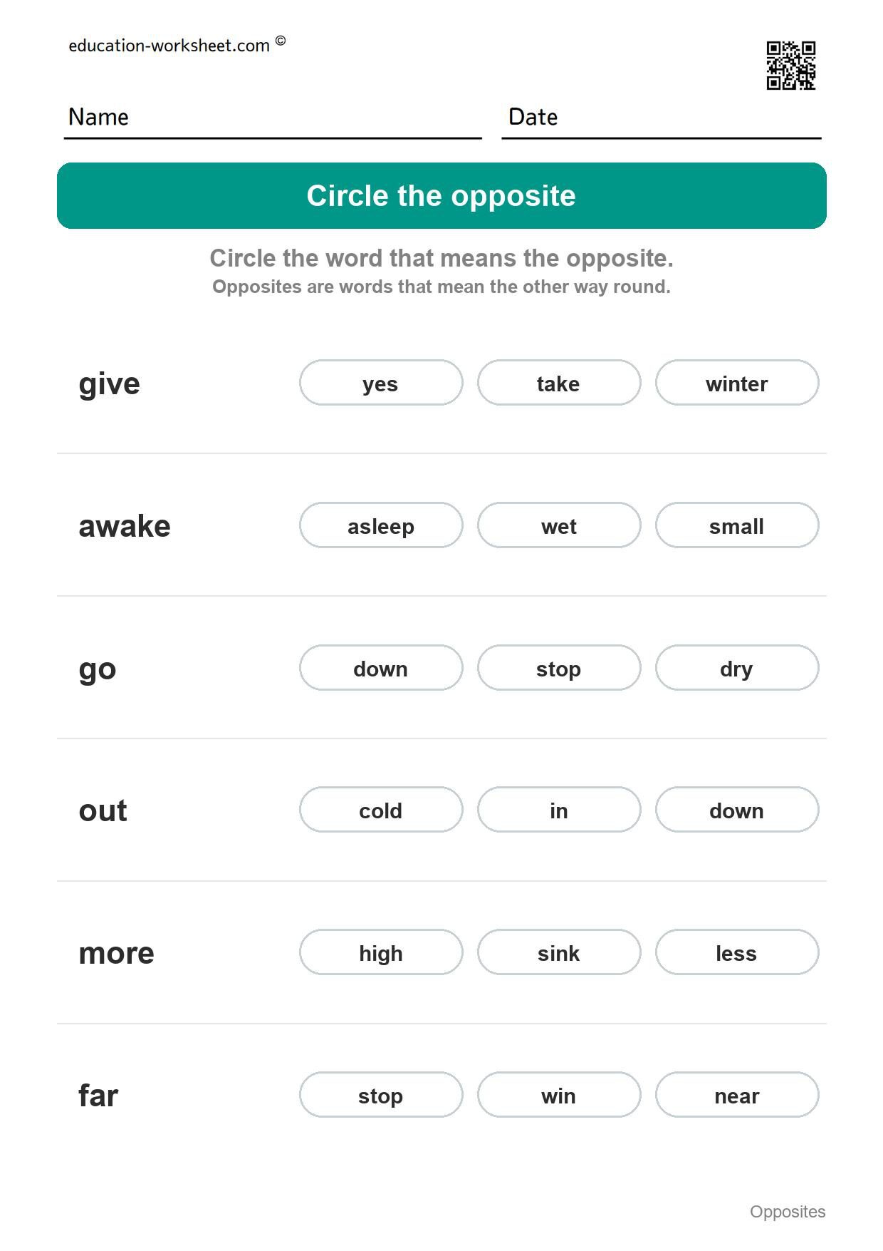 Circle the opposite (Set 5) - Free Opposites Worksheets for Kindergarten - Match the Opposite