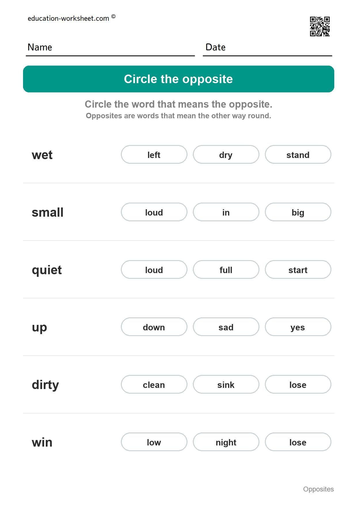 Circle the opposite (Set 7) - Free Opposites Worksheets for Kindergarten - Match the Opposite