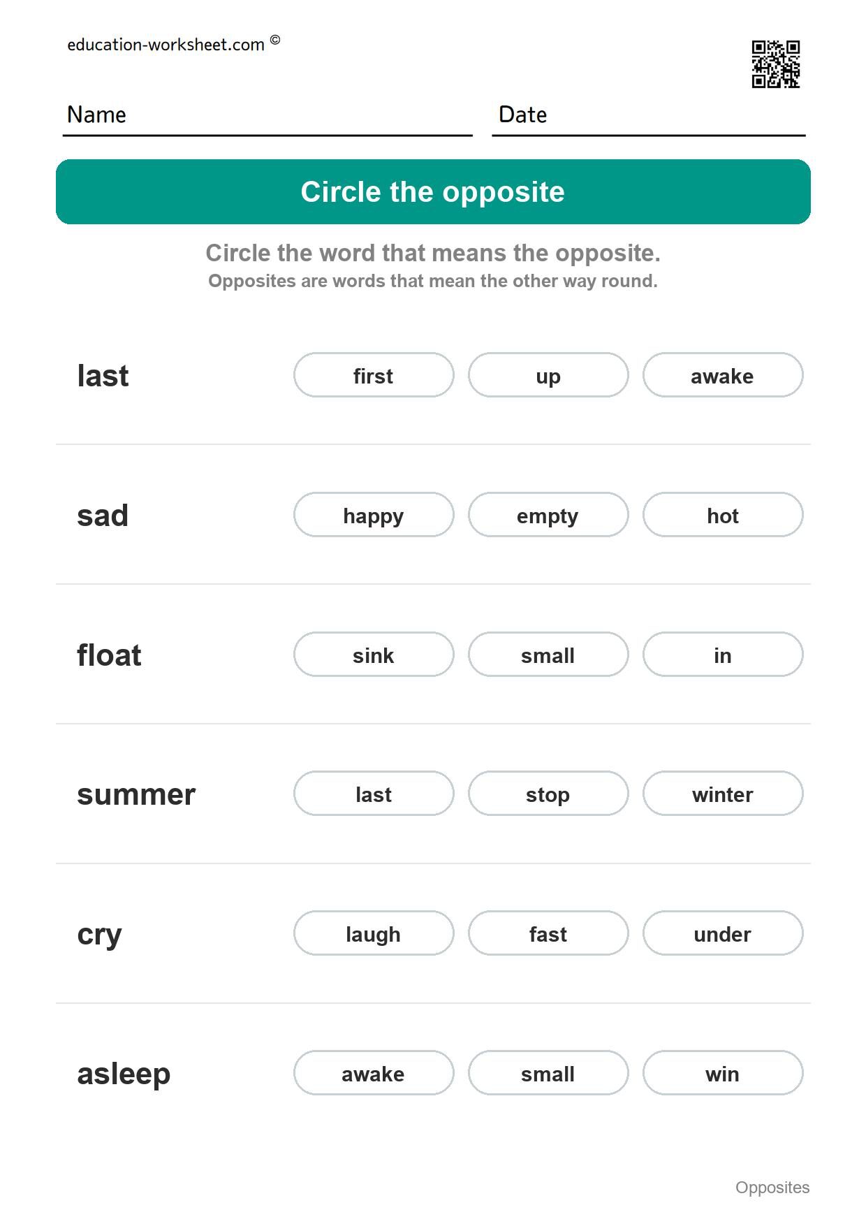 Circle the opposite (Set 9) - Free Opposites Worksheets for Kindergarten - Match the Opposite