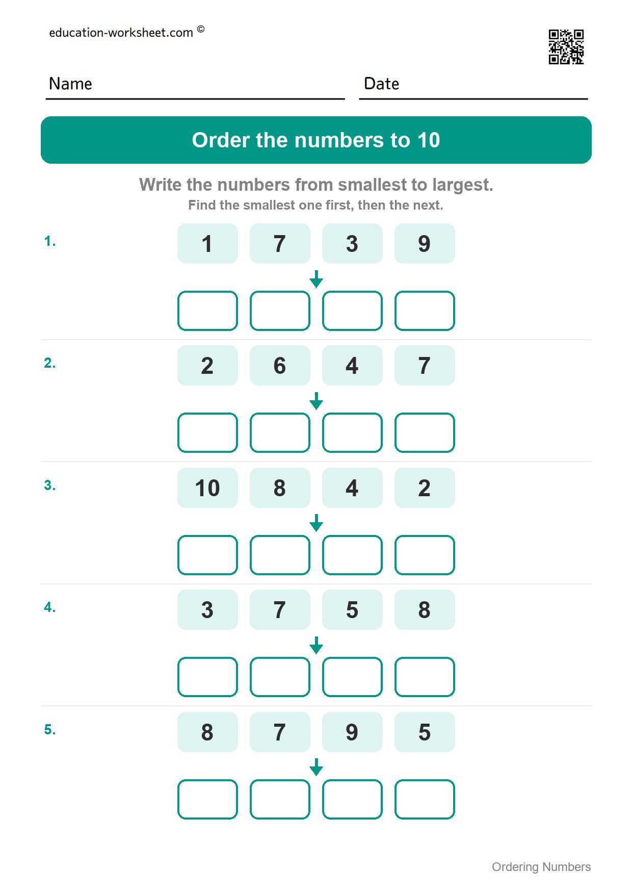 Order numbers to 10, smallest to largest (Set 1) - Free Ordering Numbers Worksheets for Kindergarten - 1 to 100