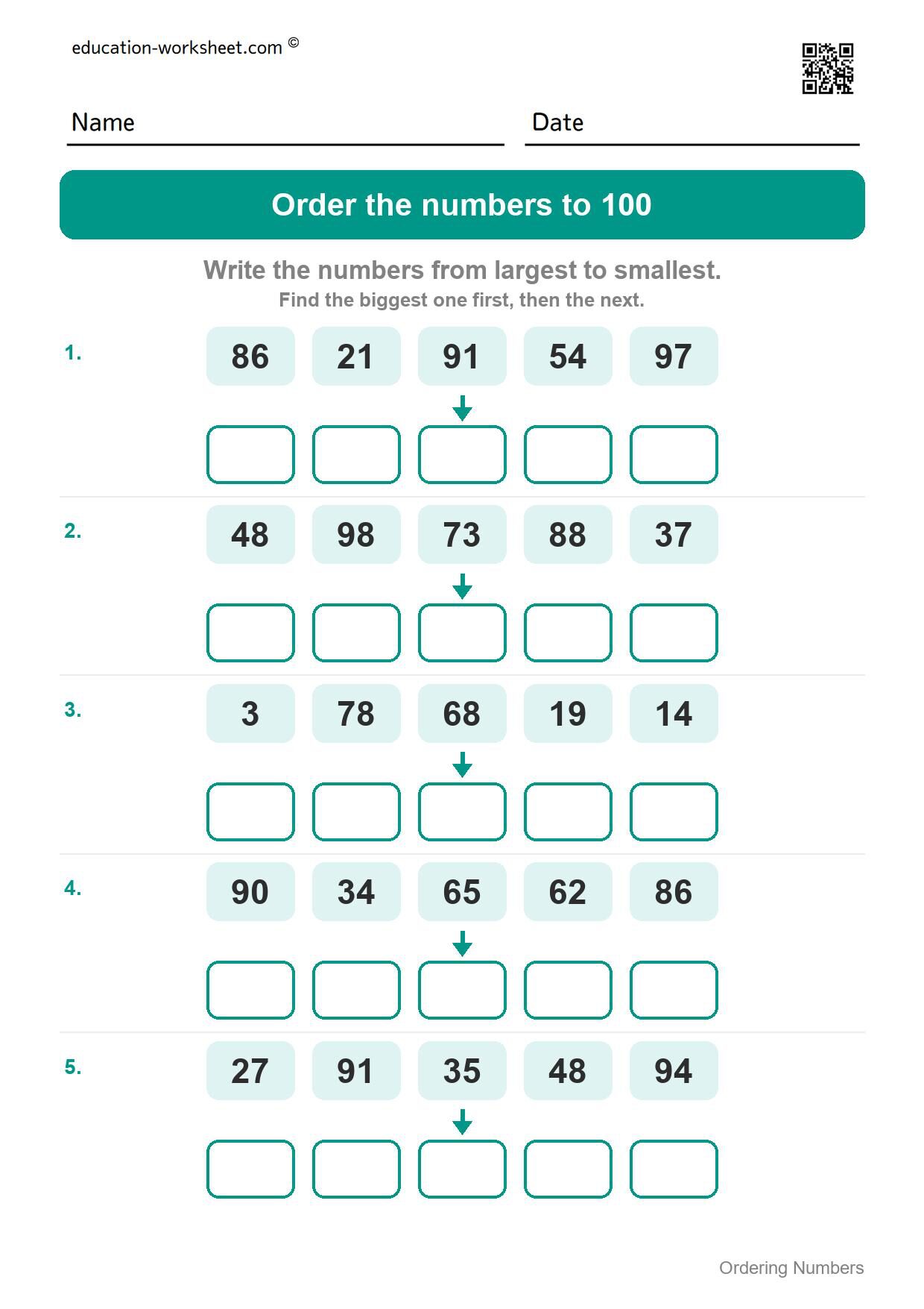 Order numbers to 100, largest to smallest (Set 10) - Free Ordering Numbers Worksheets for Kindergarten - 1 to 100