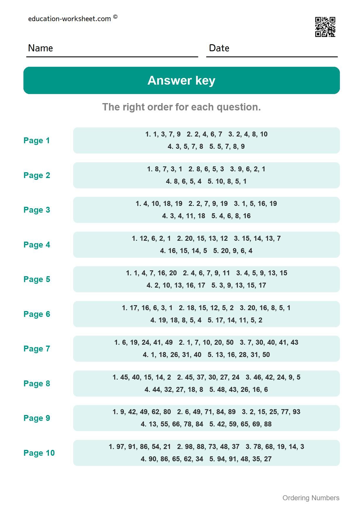 Answer key - all 10 pages - Free Ordering Numbers Worksheets for Kindergarten - 1 to 100