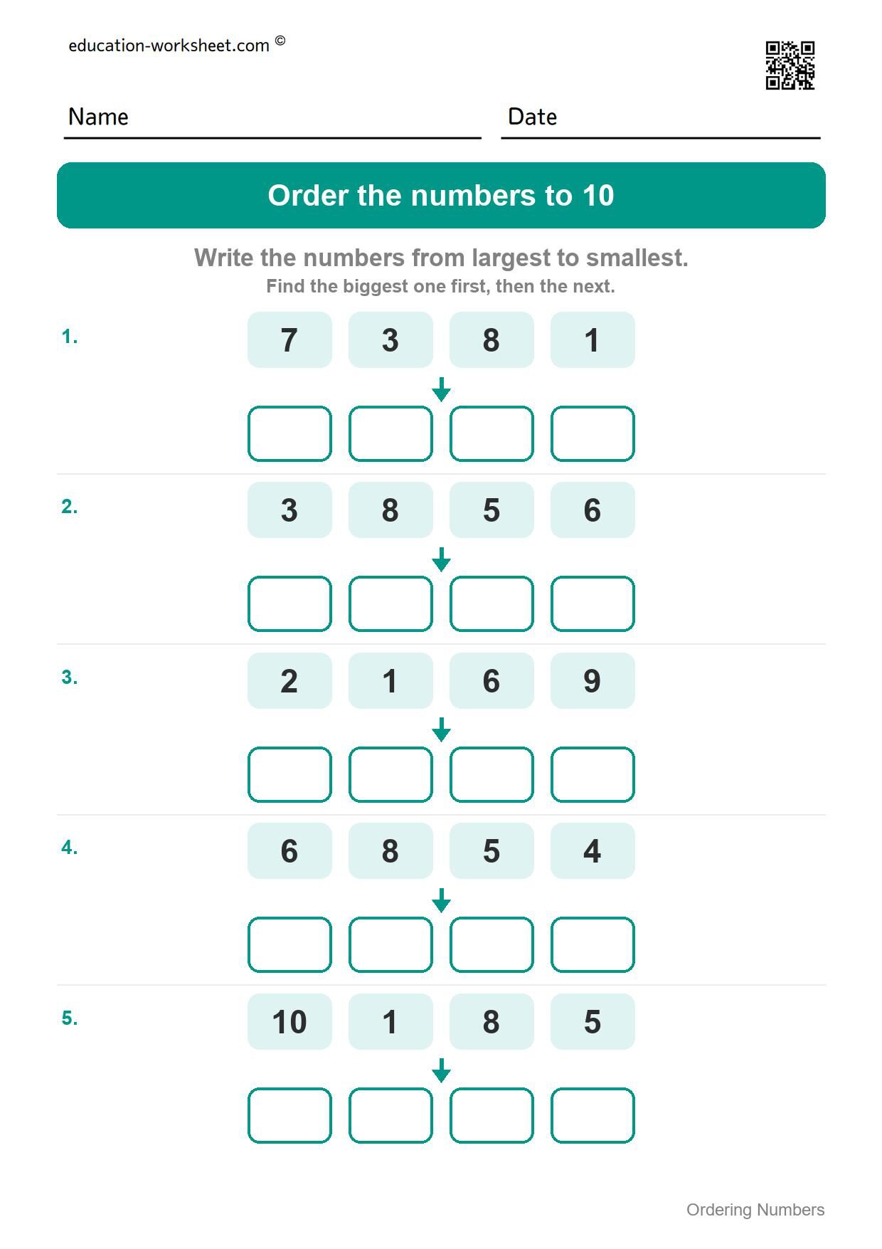 Order numbers to 10, largest to smallest (Set 2) - Free Ordering Numbers Worksheets for Kindergarten - 1 to 100