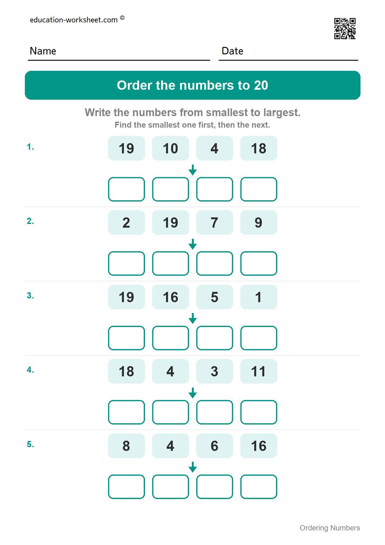 Order numbers to 20, smallest to largest (Set 3) - Free Ordering Numbers Worksheets for Kindergarten - 1 to 100
