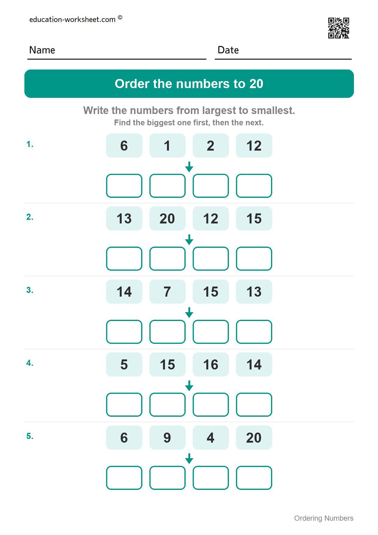 Order numbers to 20, largest to smallest (Set 4) - Free Ordering Numbers Worksheets for Kindergarten - 1 to 100