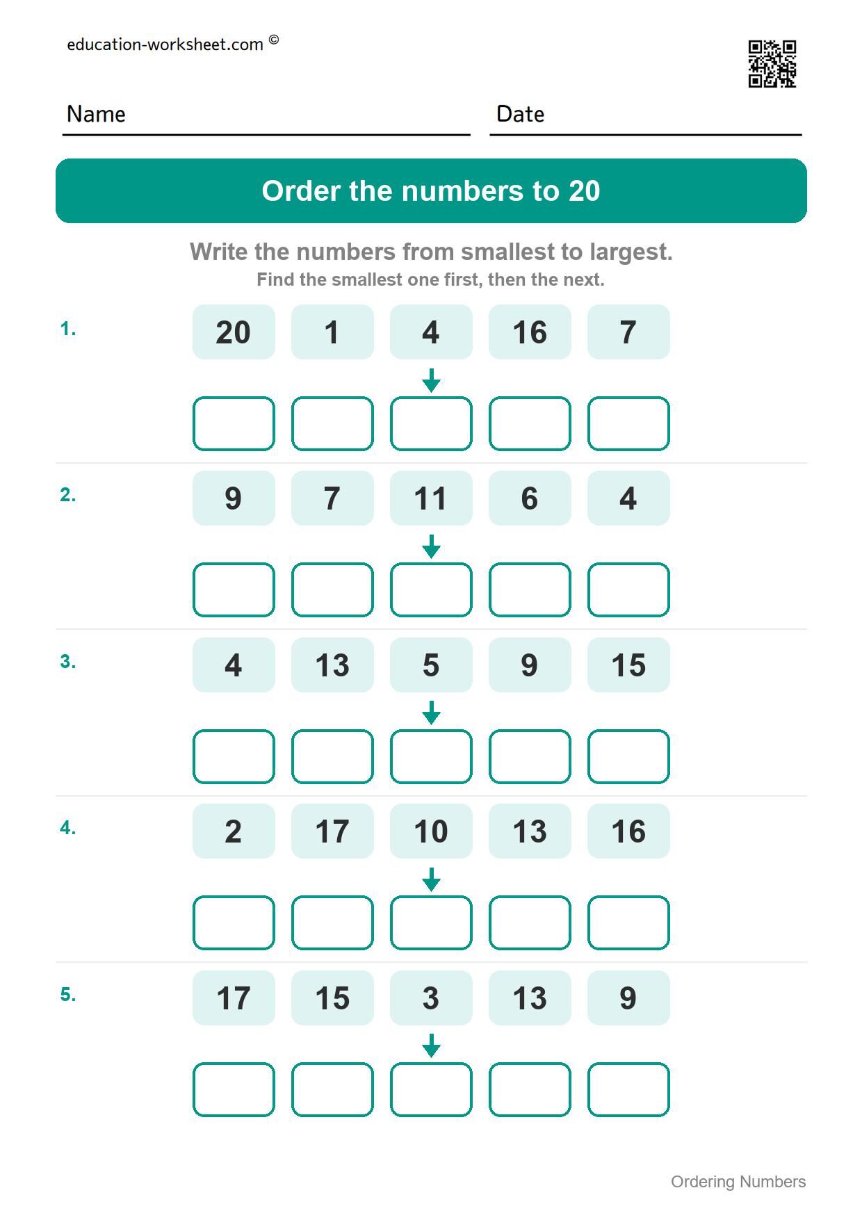 Order numbers to 20, smallest to largest (Set 5) - Free Ordering Numbers Worksheets for Kindergarten - 1 to 100