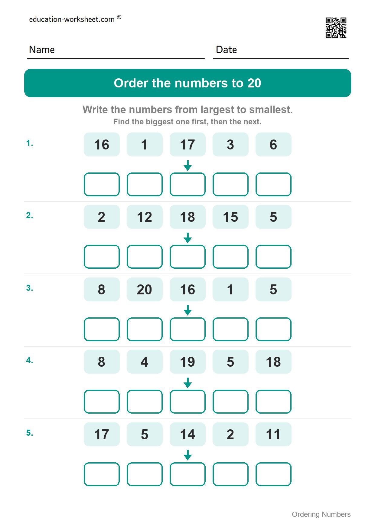 Order numbers to 20, largest to smallest (Set 6) - Free Ordering Numbers Worksheets for Kindergarten - 1 to 100