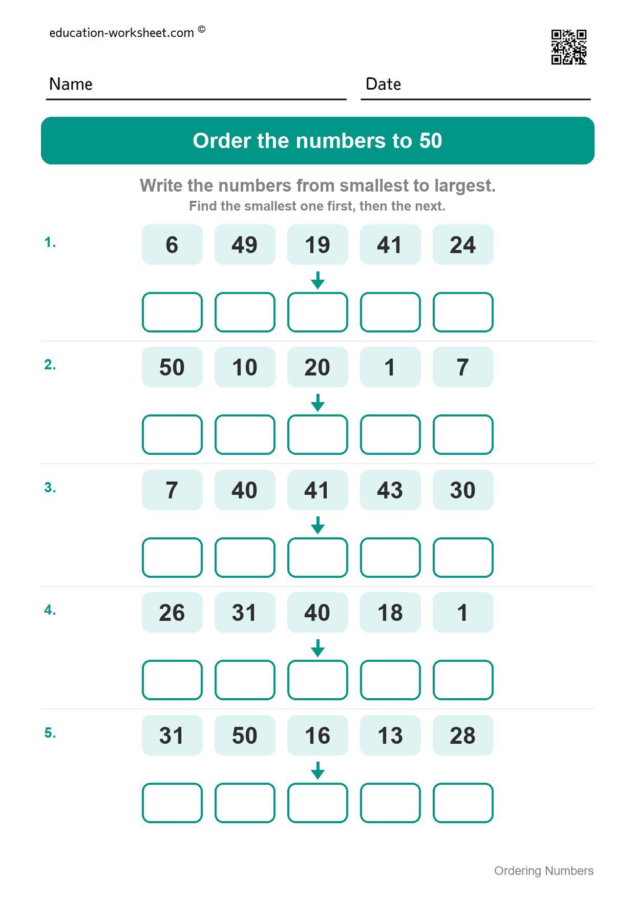 Order numbers to 50, smallest to largest (Set 7) - Free Ordering Numbers Worksheets for Kindergarten - 1 to 100