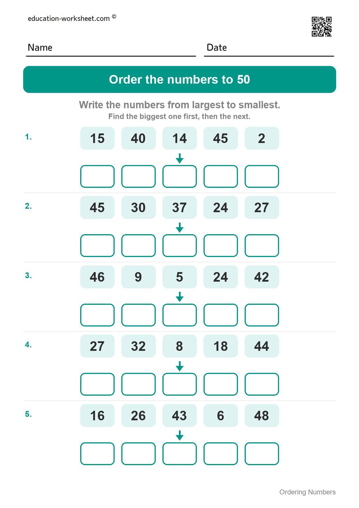 Order numbers to 50, largest to smallest (Set 8) - Free Ordering Numbers Worksheets for Kindergarten - 1 to 100