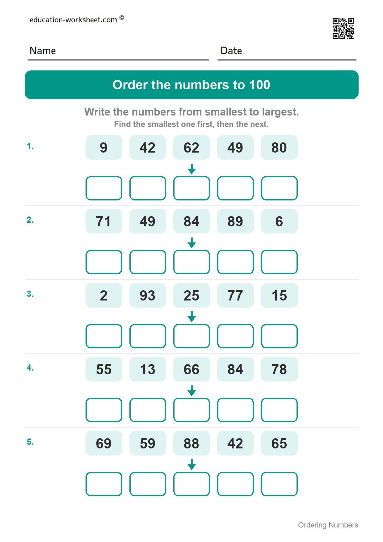 Order numbers to 100, smallest to largest (Set 9) - Free Ordering Numbers Worksheets for Kindergarten - 1 to 100