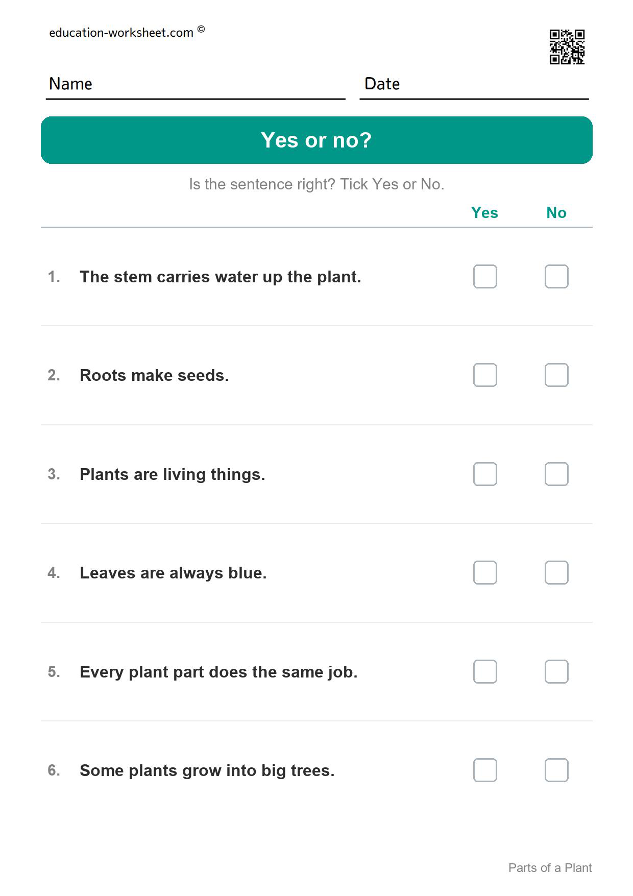 Yes or no? (Set 11) - Free Parts of a Plant Worksheets for Kindergarten - Science