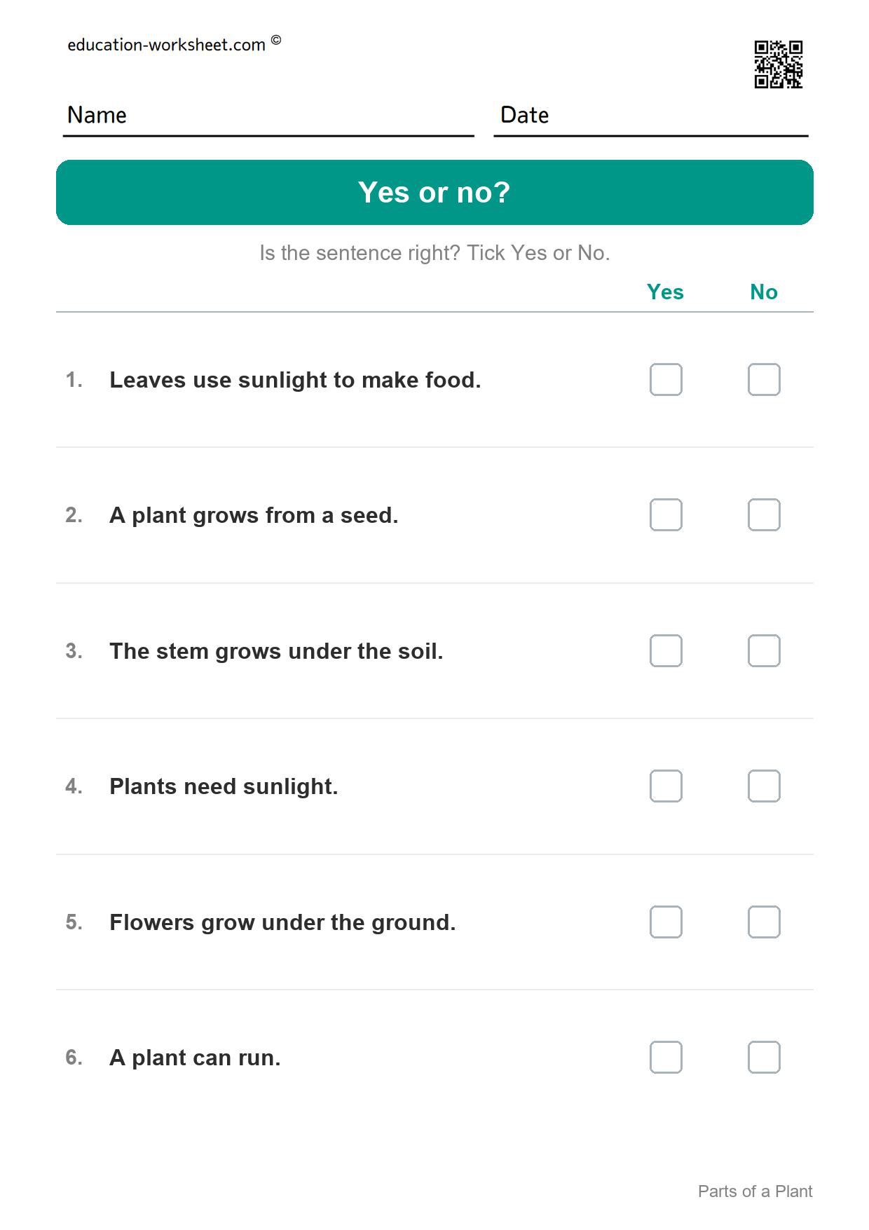 Yes or no? (Set 7) - Free Parts of a Plant Worksheets for Kindergarten - Science