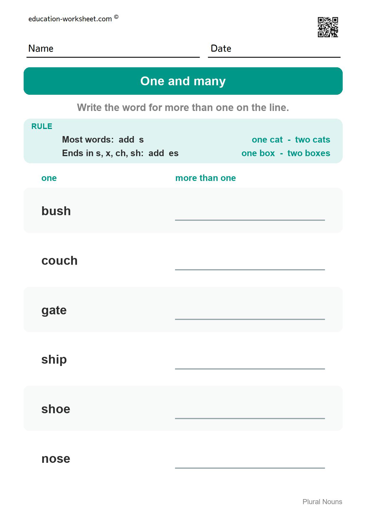 Write the plural word (Set 1) - Free Plural Nouns Worksheets for Kindergarten - Add s or es to Make More Than One