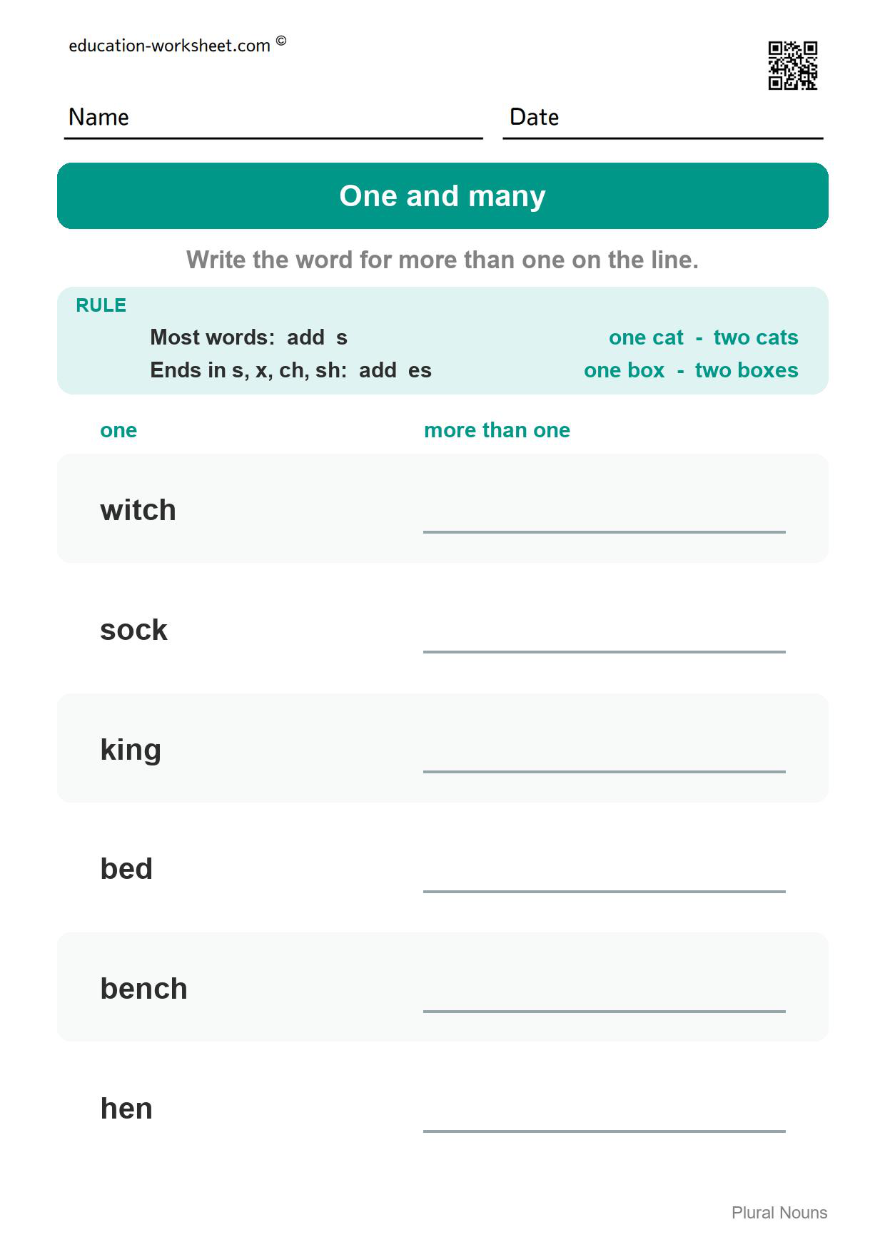 Write the plural word (Set 10) - Free Plural Nouns Worksheets for Kindergarten - Add s or es to Make More Than One