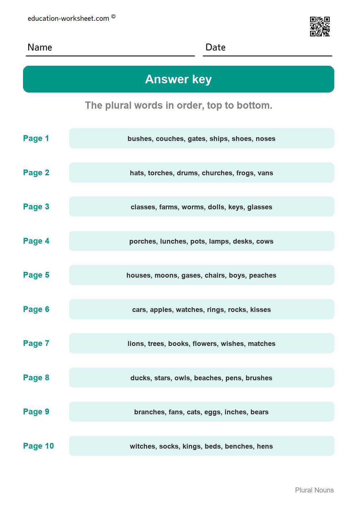 Answer key - all 10 pages - Free Plural Nouns Worksheets for Kindergarten - Add s or es to Make More Than One
