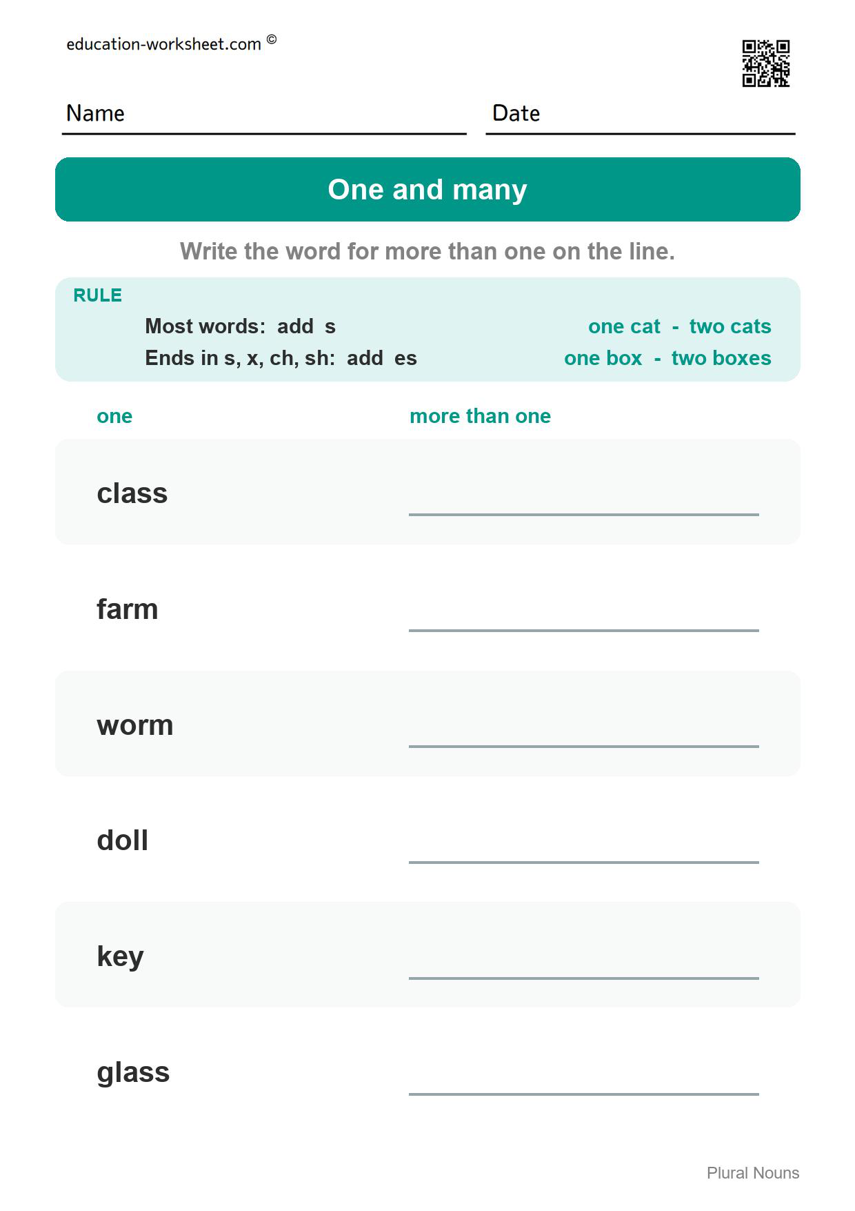 Write the plural word (Set 3) - Free Plural Nouns Worksheets for Kindergarten - Add s or es to Make More Than One