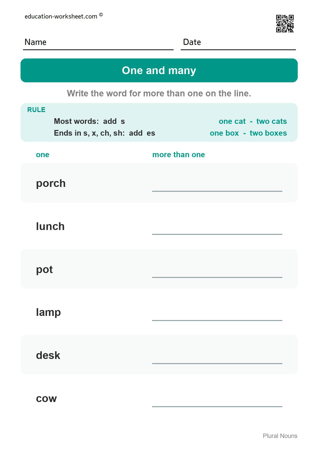 Write the plural word (Set 4) - Free Plural Nouns Worksheets for Kindergarten - Add s or es to Make More Than One