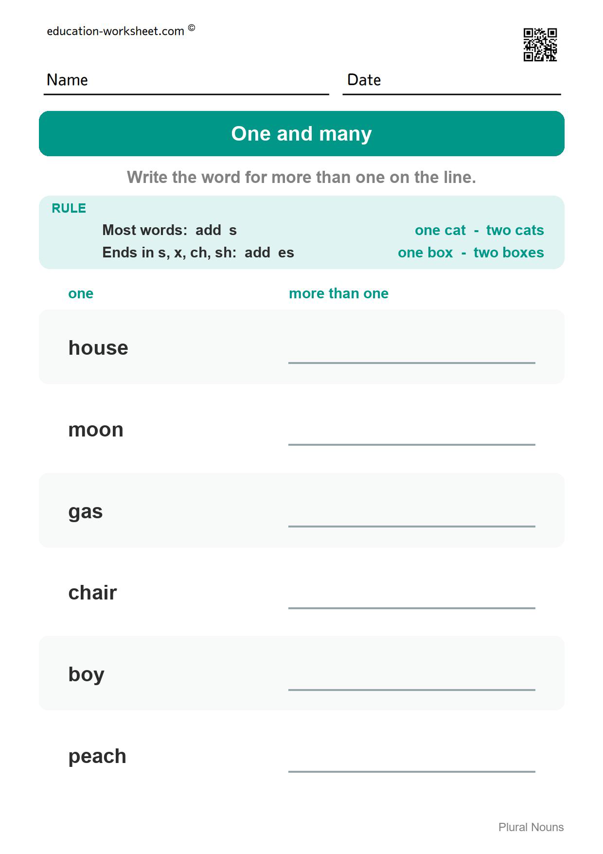 Write the plural word (Set 5) - Free Plural Nouns Worksheets for Kindergarten - Add s or es to Make More Than One