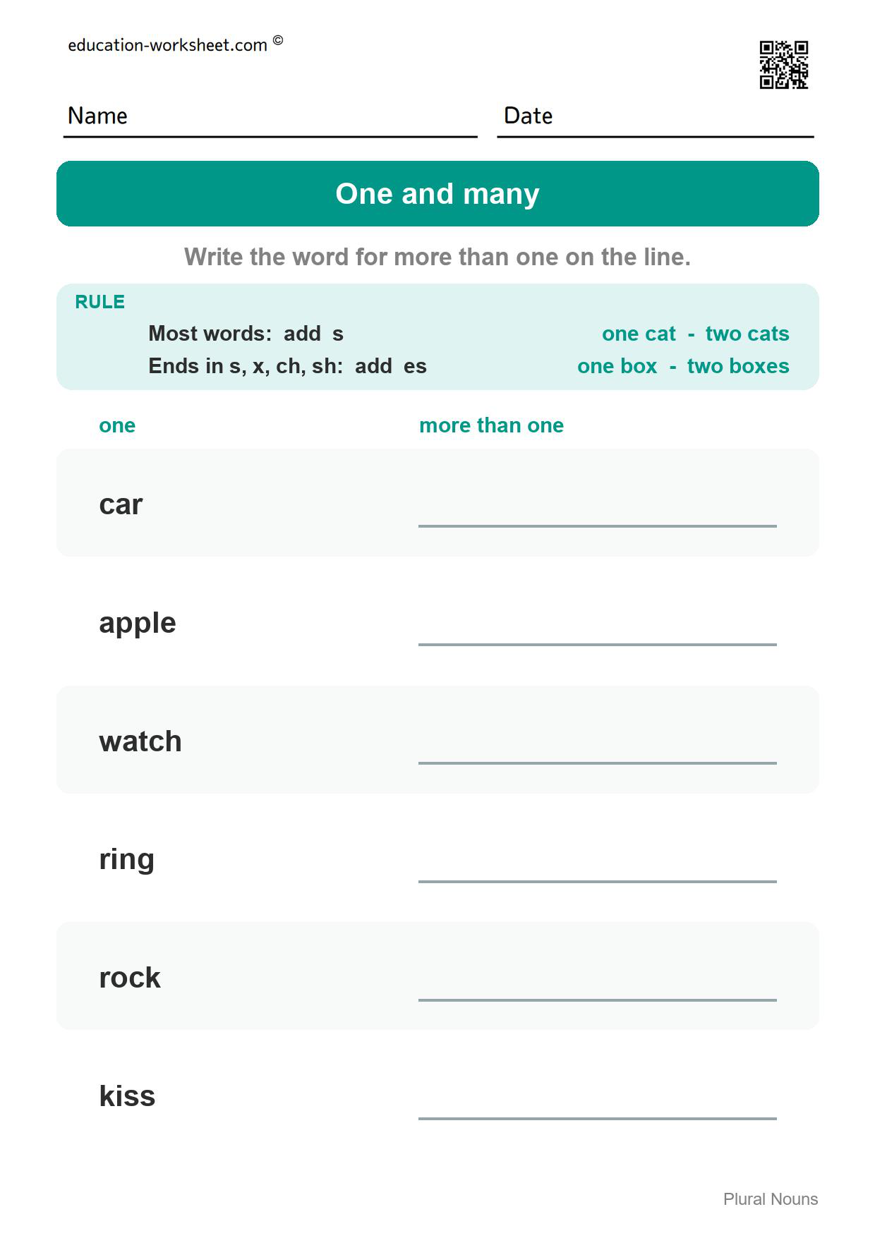 Write the plural word (Set 6) - Free Plural Nouns Worksheets for Kindergarten - Add s or es to Make More Than One