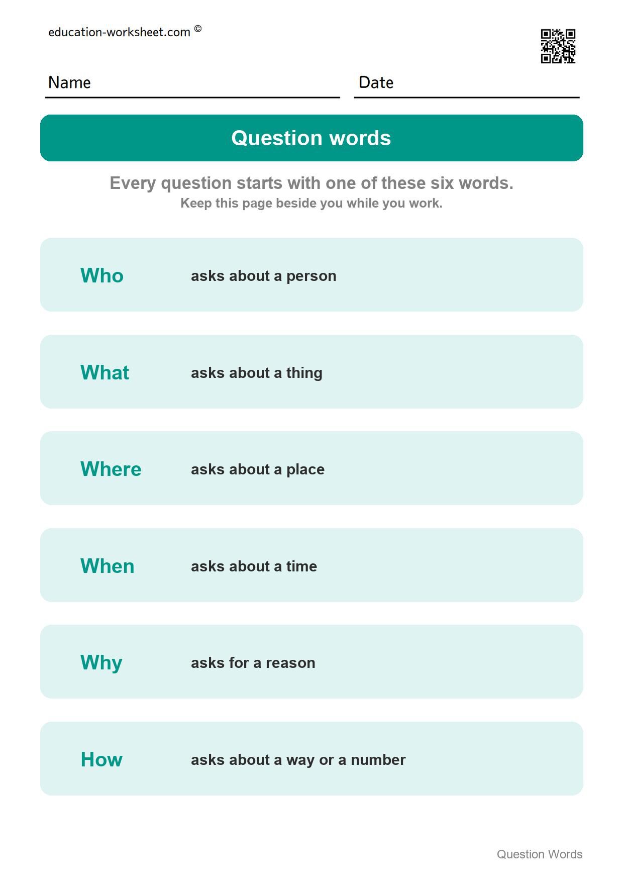 Question word chart - who, what, where, when, why, how - Free Question Words Worksheets for Kindergarten - Who and What