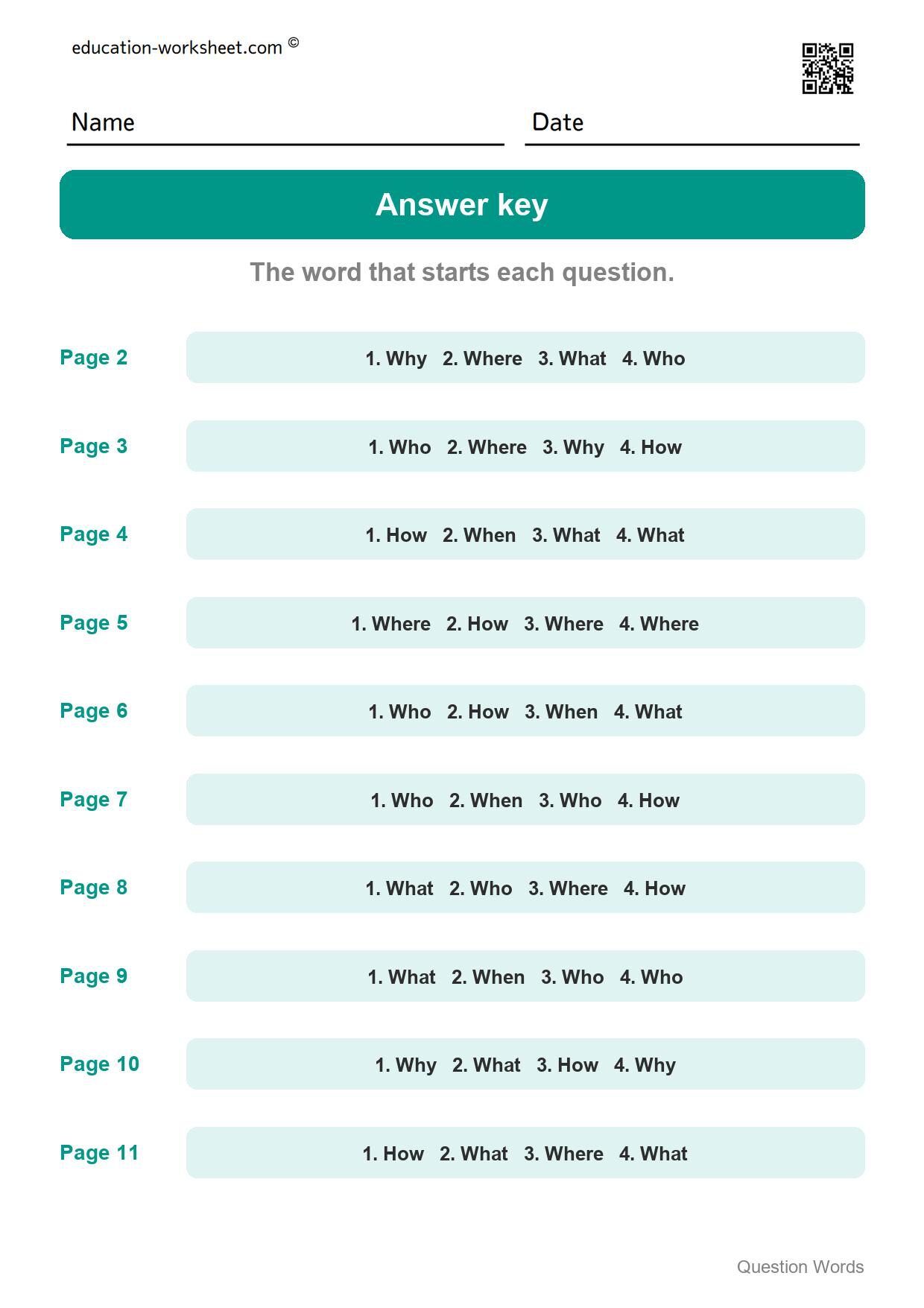 Answer key - all 10 pages - Free Question Words Worksheets for Kindergarten - Who and What