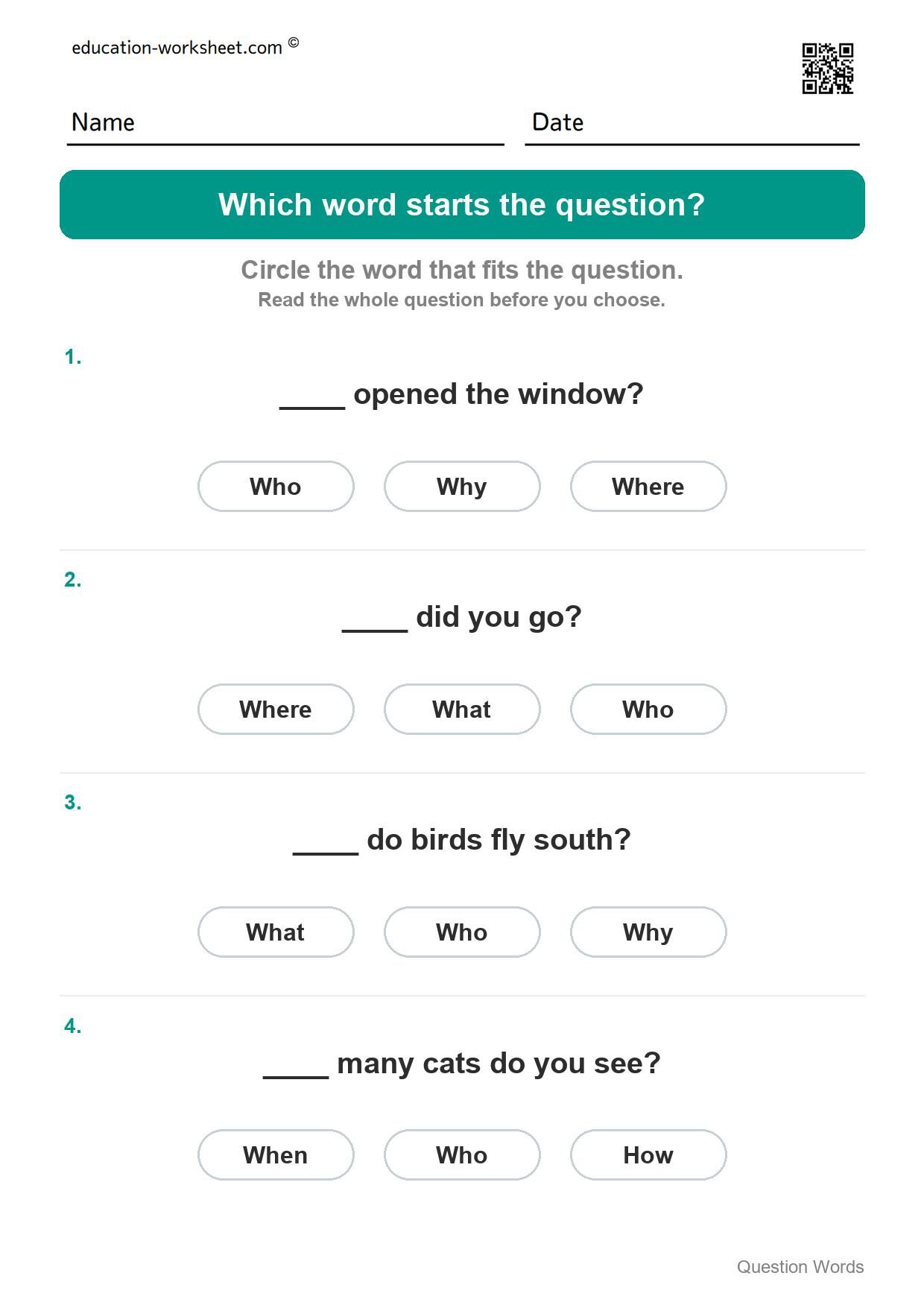Which word starts the question (Set 2) - Free Question Words Worksheets for Kindergarten - Who and What