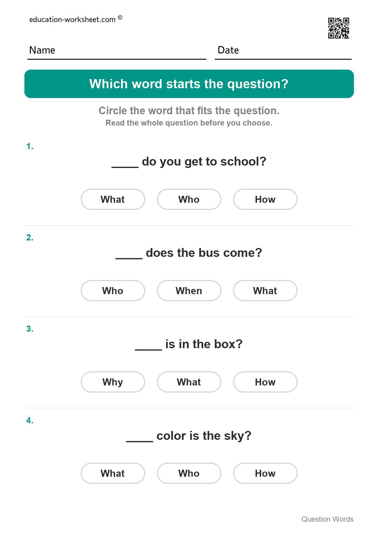 Which word starts the question (Set 3) - Free Question Words Worksheets for Kindergarten - Who and What