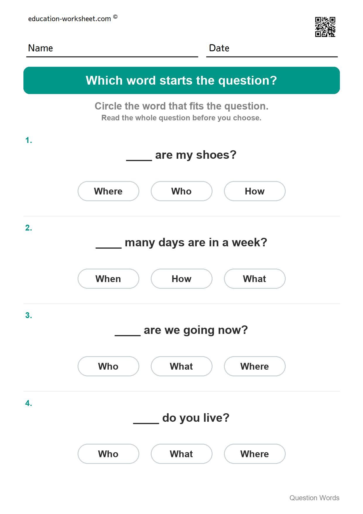 Which word starts the question (Set 4) - Free Question Words Worksheets for Kindergarten - Who and What