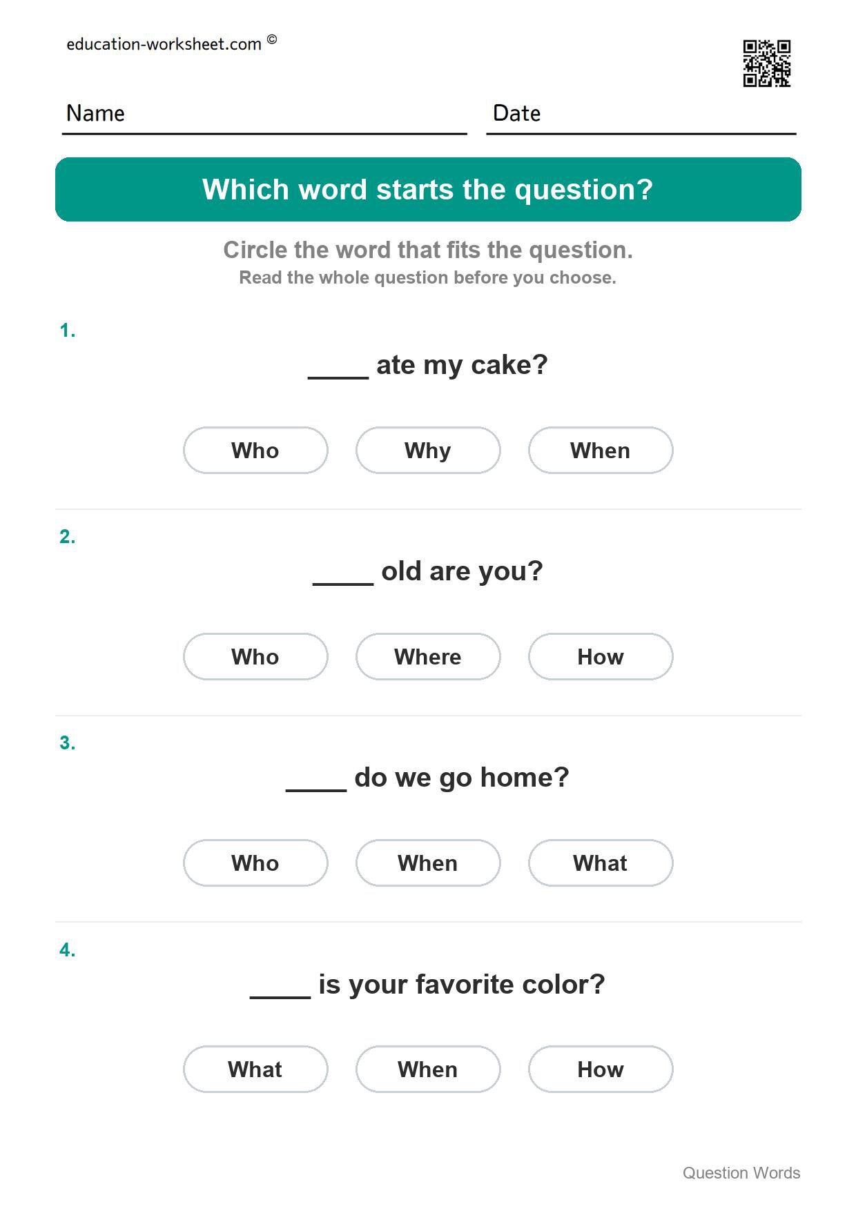 Which word starts the question (Set 5) - Free Question Words Worksheets for Kindergarten - Who and What