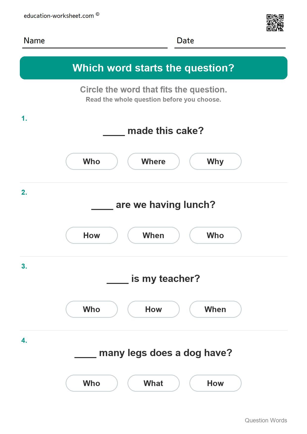 Which word starts the question (Set 6) - Free Question Words Worksheets for Kindergarten - Who and What
