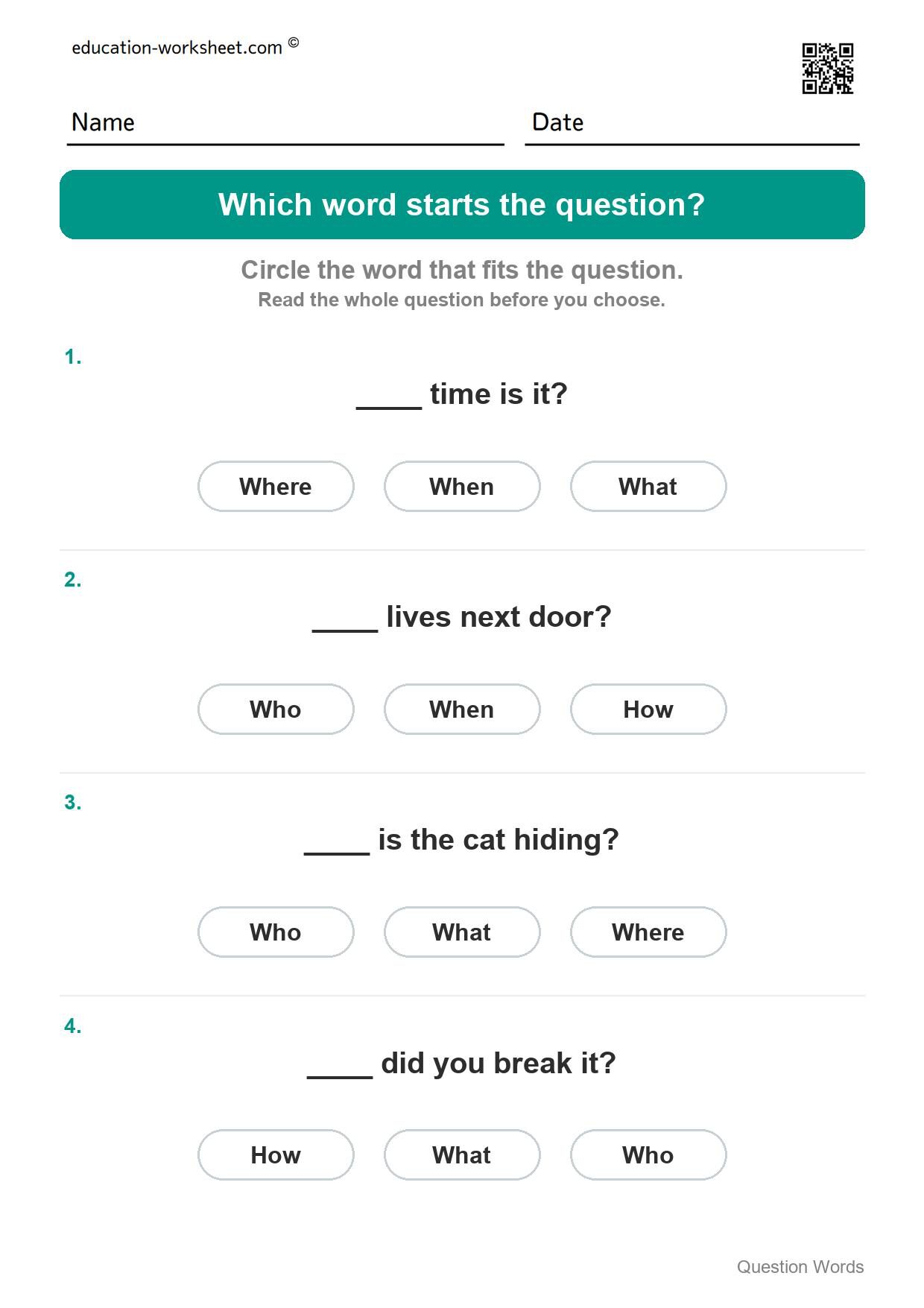 Which word starts the question (Set 7) - Free Question Words Worksheets for Kindergarten - Who and What