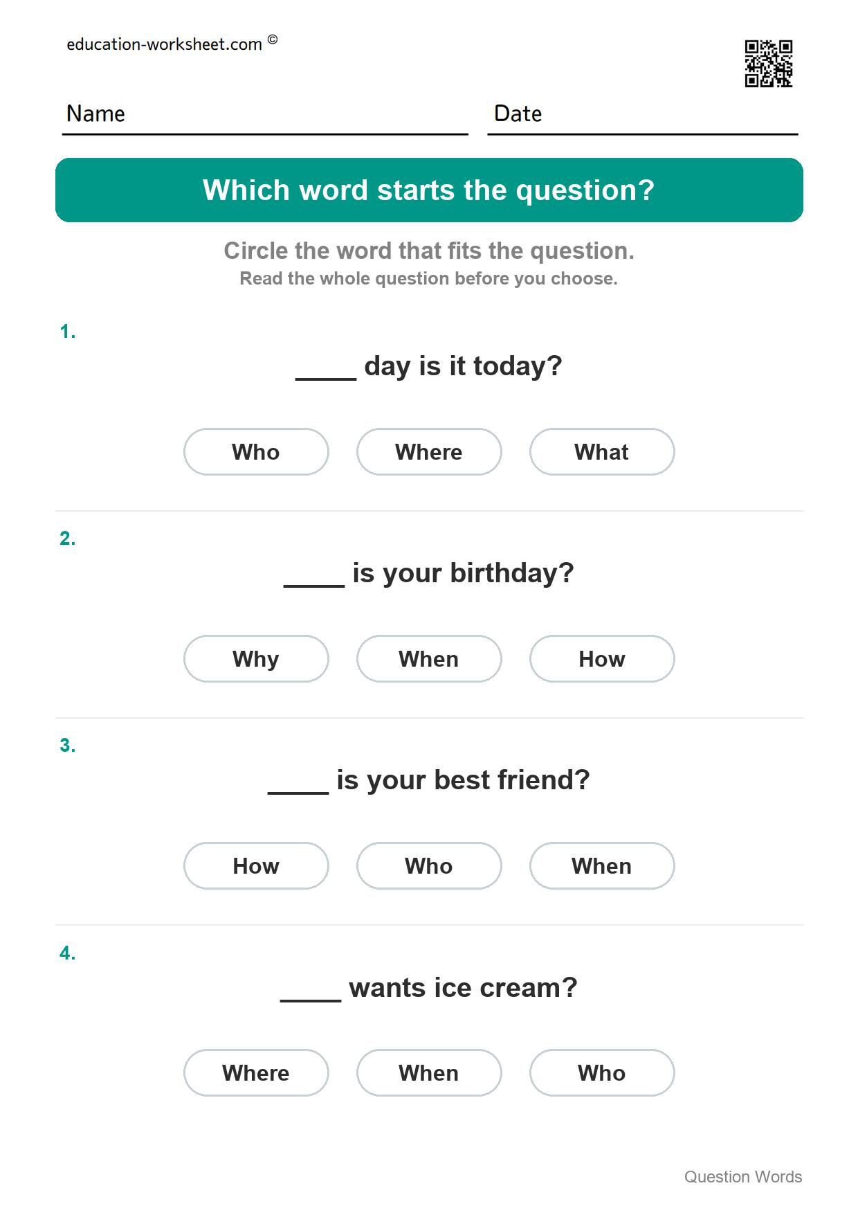 Which word starts the question (Set 8) - Free Question Words Worksheets for Kindergarten - Who and What