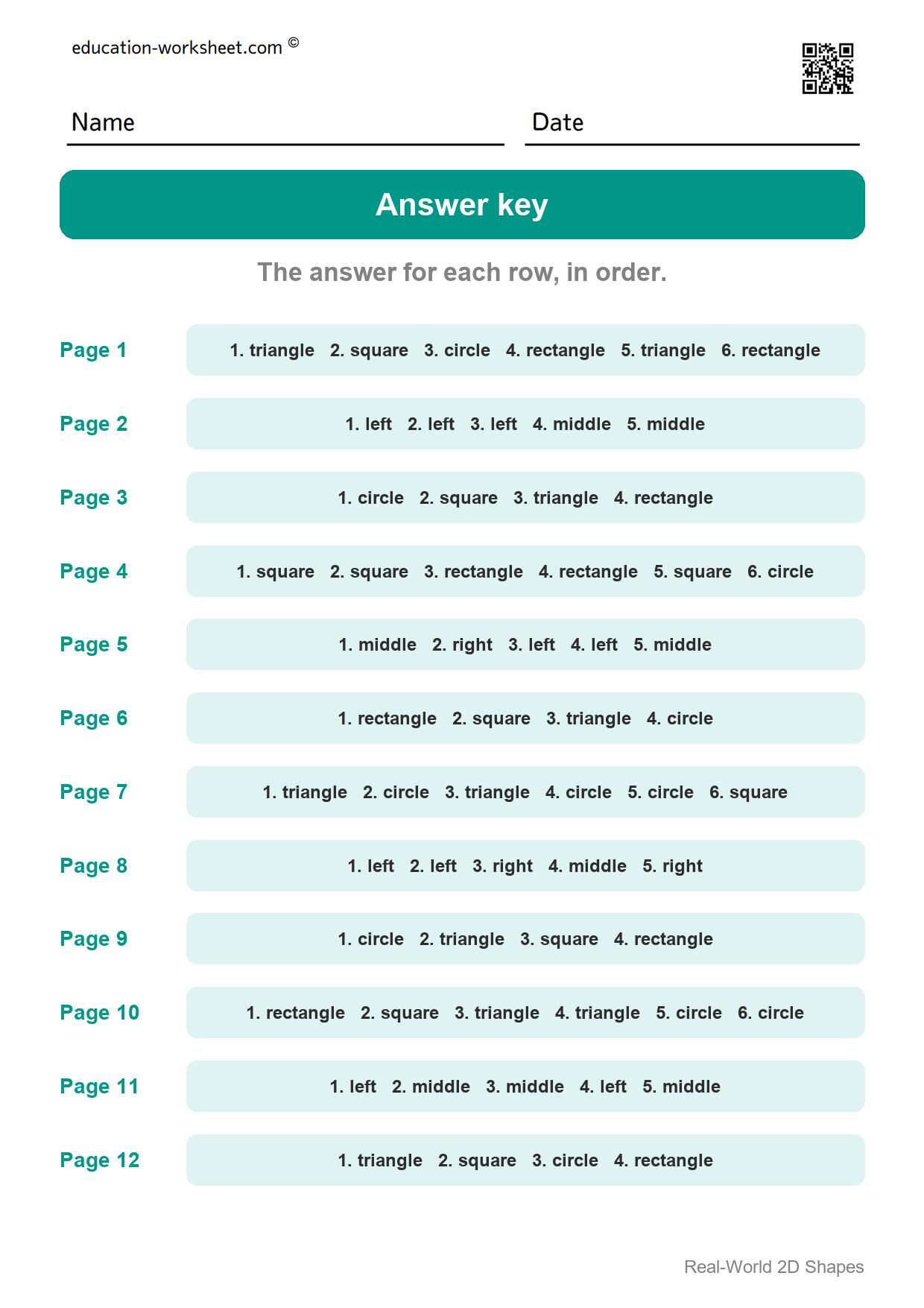 Answer key - all 12 pages - Free Real-World 2D Shapes Worksheets for Kindergarten
