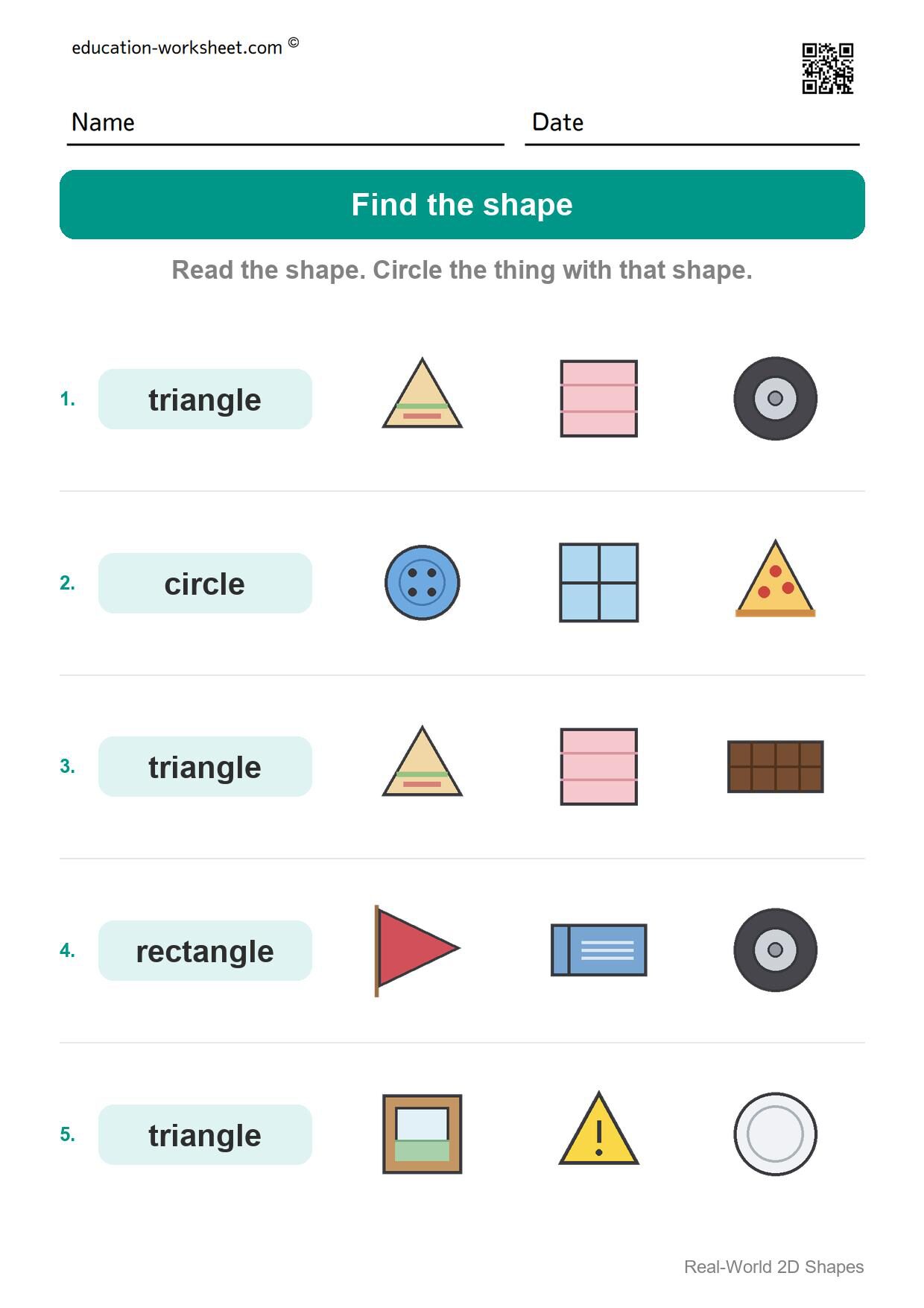 Find the shape (Set 2) - Free Real-World 2D Shapes Worksheets for Kindergarten