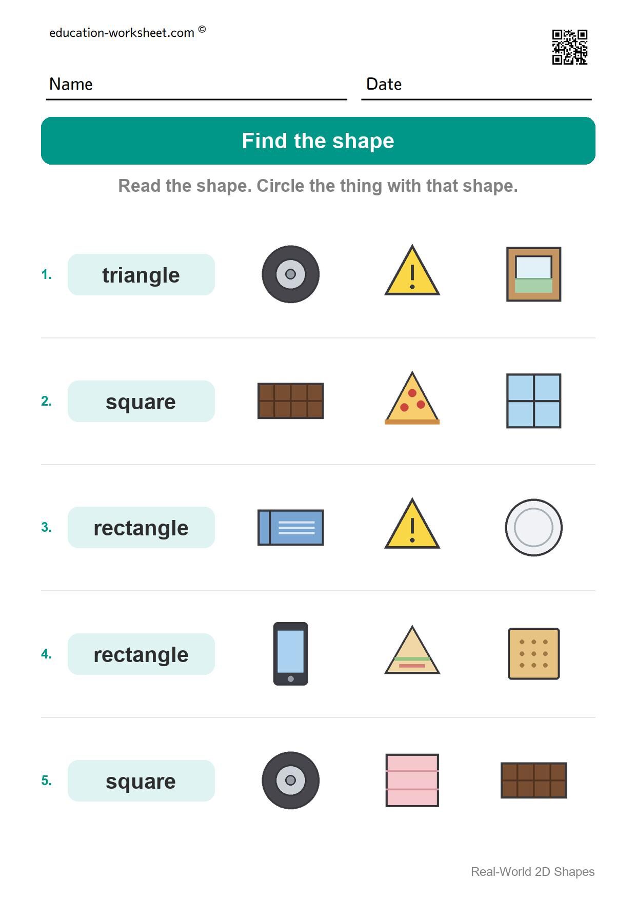 Find the shape (Set 5) - Free Real-World 2D Shapes Worksheets for Kindergarten