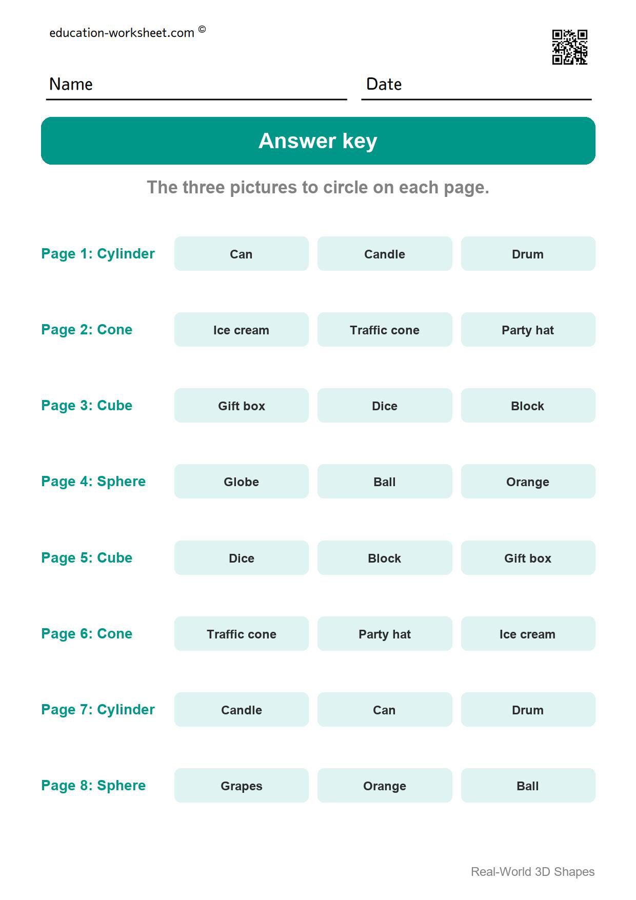 Answer key - all 8 pages - Free Real-World 3D Shapes Worksheets for Kindergarten