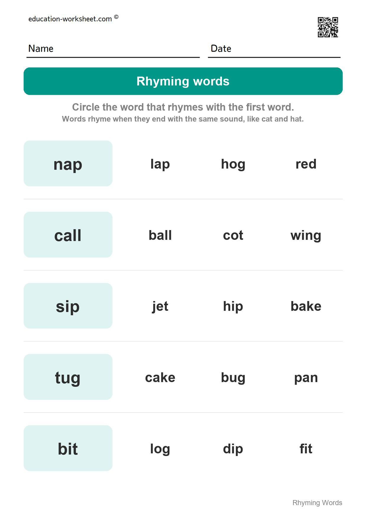 Circle the rhyming word (Set 1) - Free Rhyming Words Worksheets for Kindergarten - Words That Rhyme