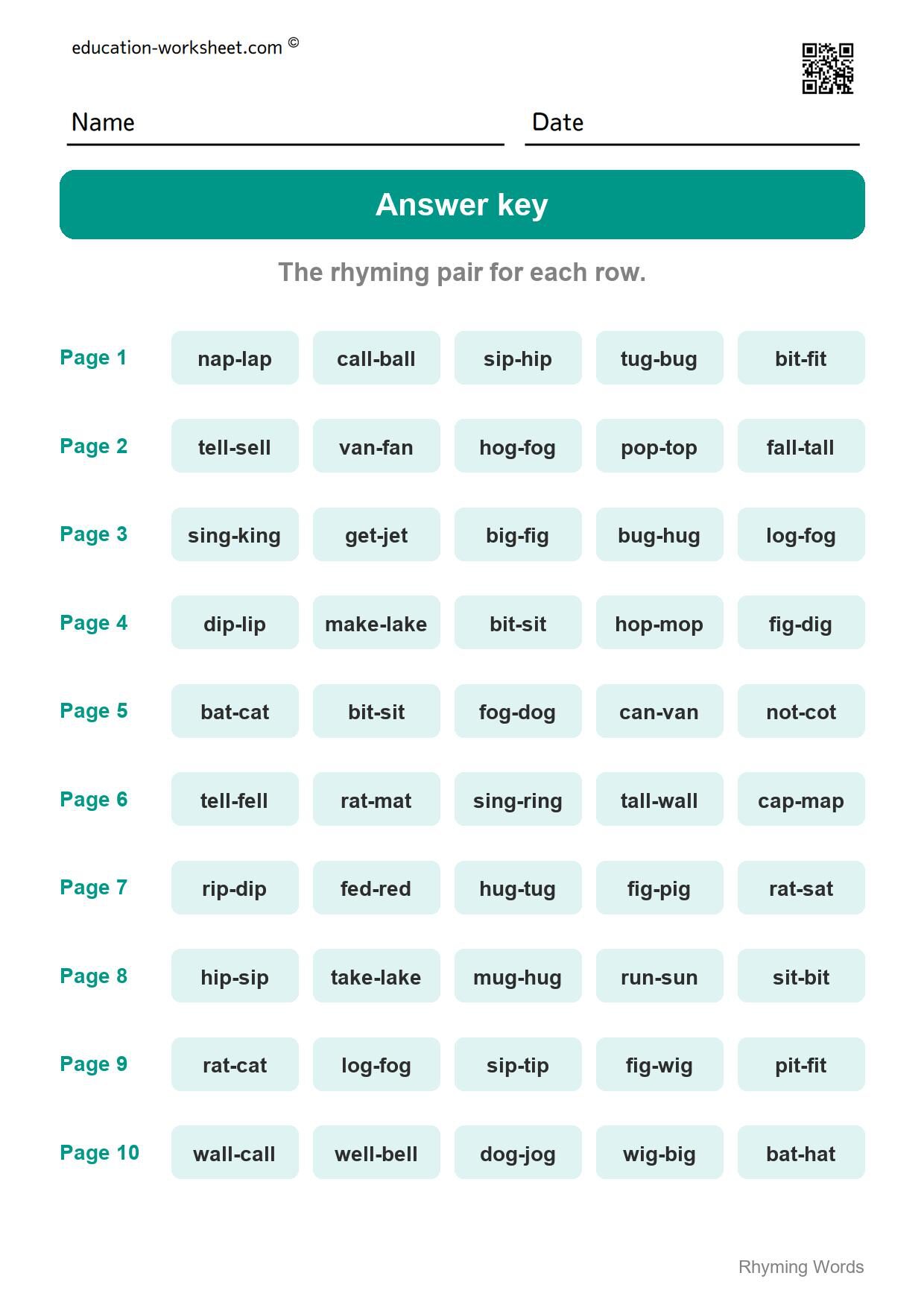 Answer key - all 10 pages - Free Rhyming Words Worksheets for Kindergarten - Words That Rhyme
