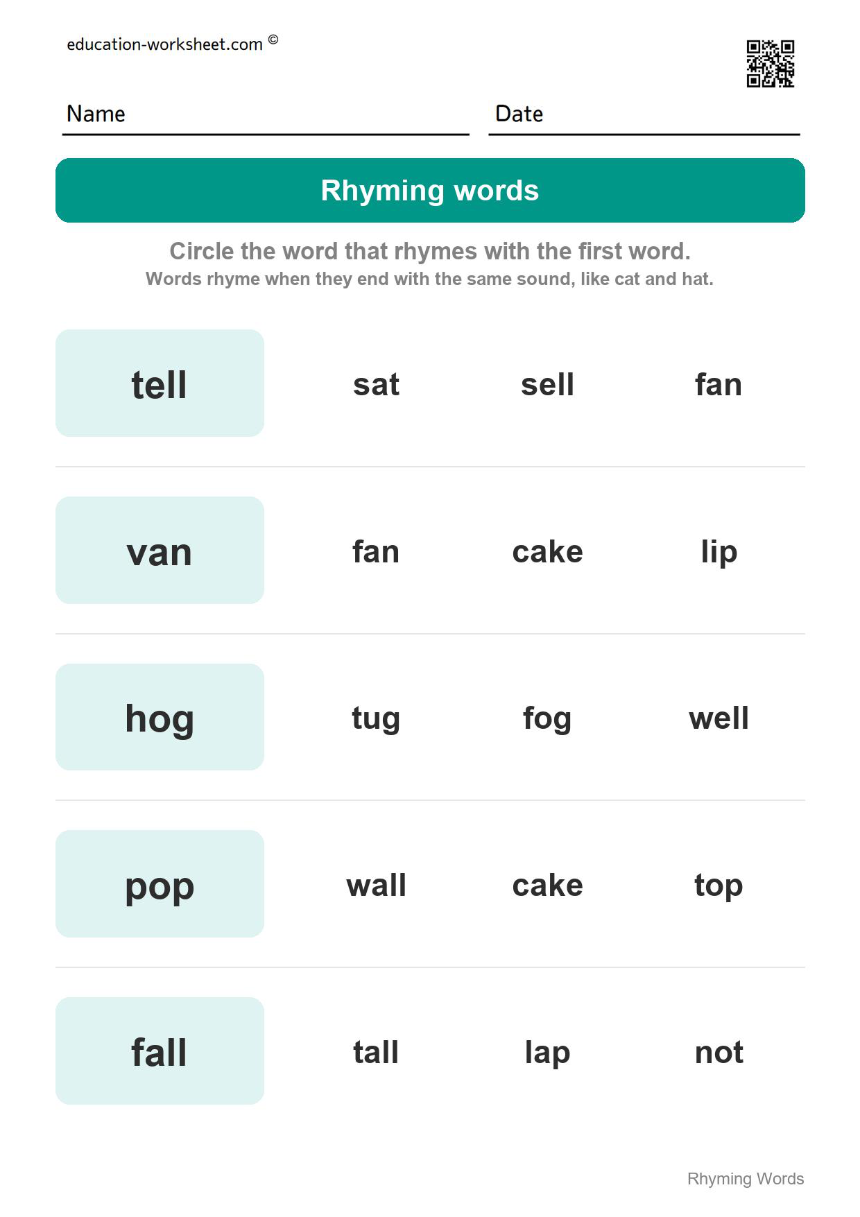 Circle the rhyming word (Set 2) - Free Rhyming Words Worksheets for Kindergarten - Words That Rhyme