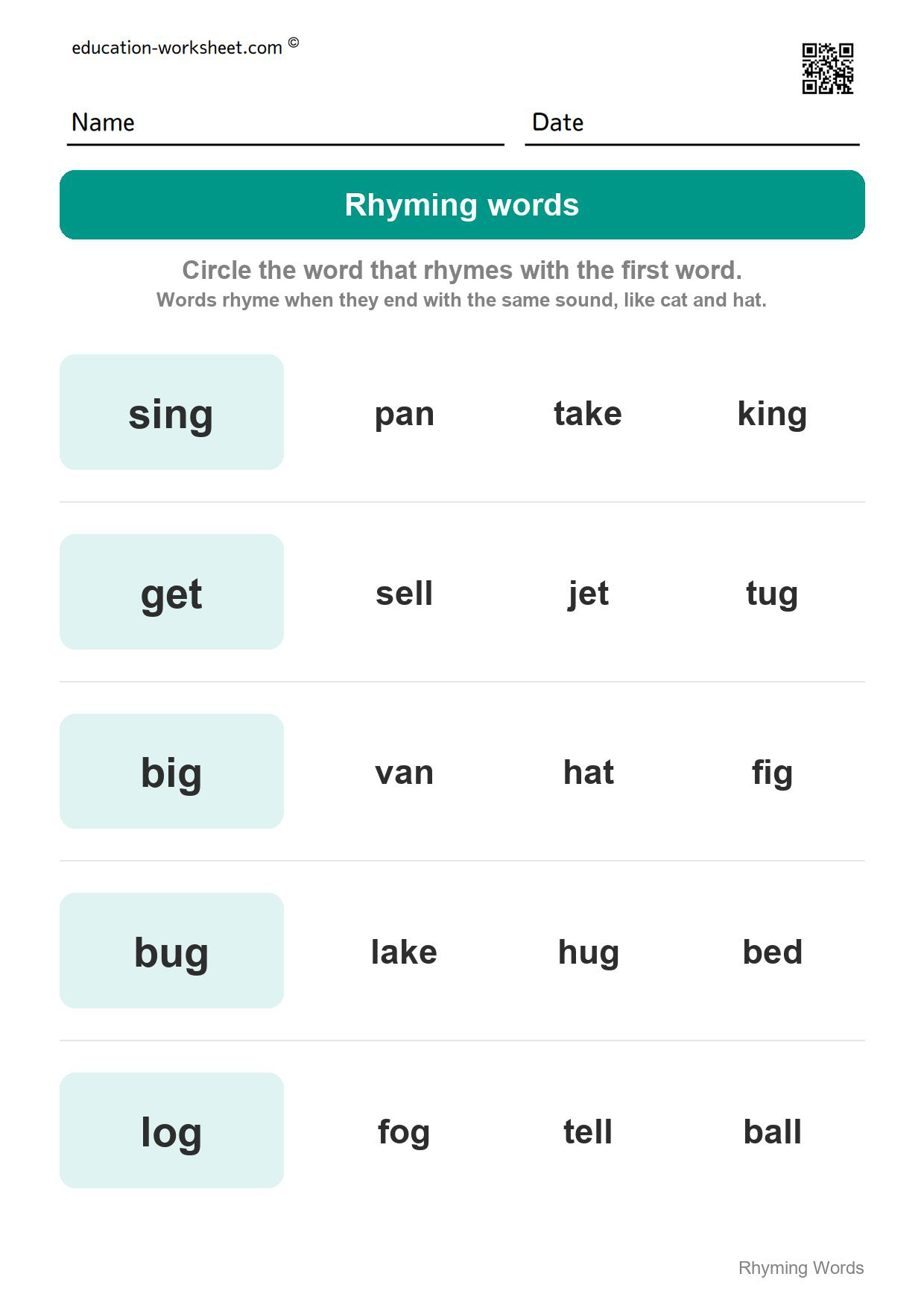 Circle the rhyming word (Set 3) - Free Rhyming Words Worksheets for Kindergarten - Words That Rhyme