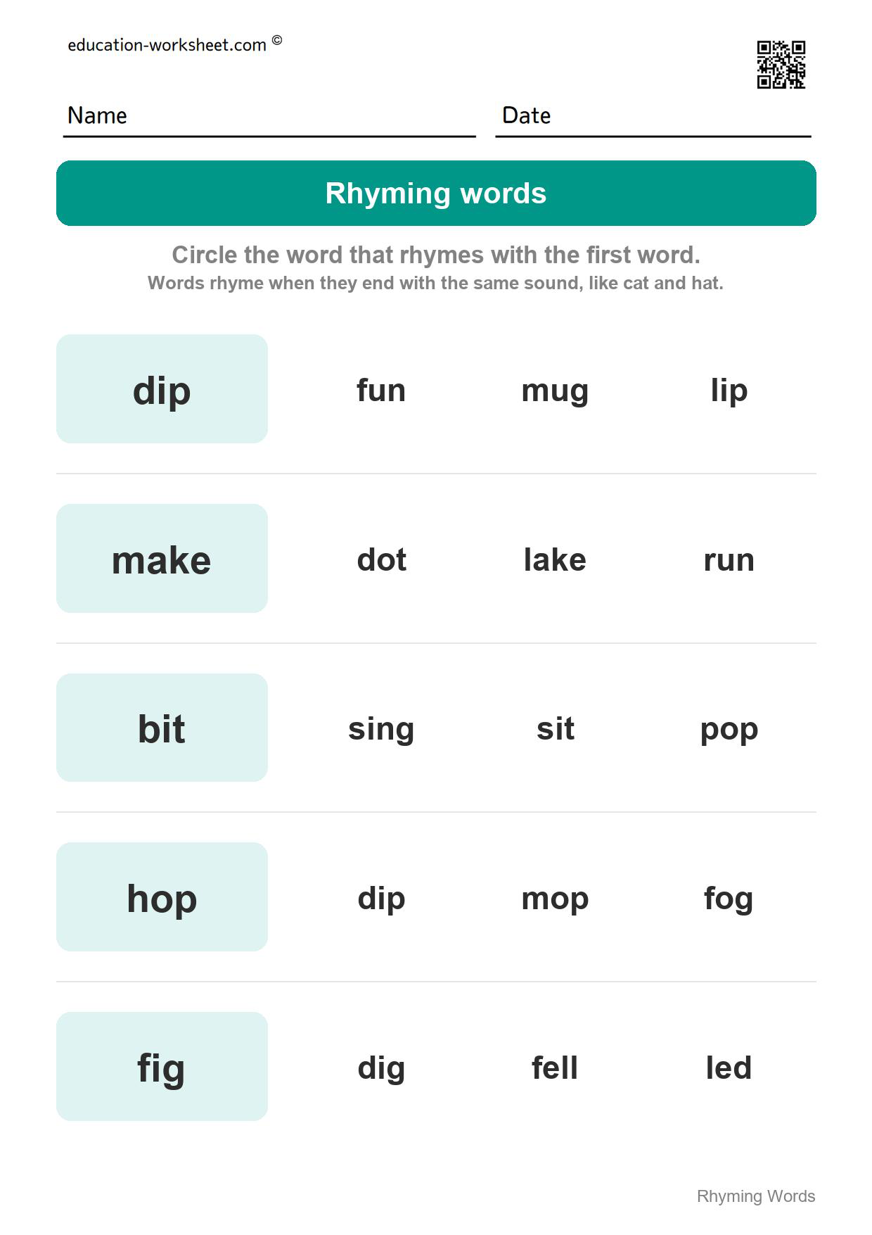 Circle the rhyming word (Set 4) - Free Rhyming Words Worksheets for Kindergarten - Words That Rhyme