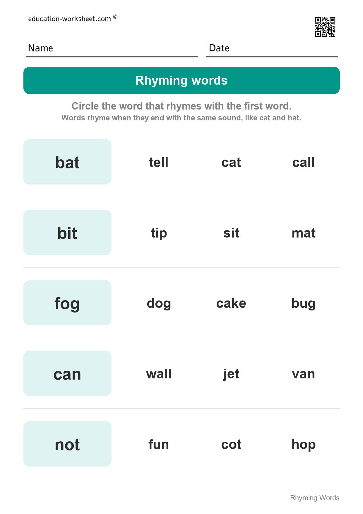 Circle the rhyming word (Set 5) - Free Rhyming Words Worksheets for Kindergarten - Words That Rhyme