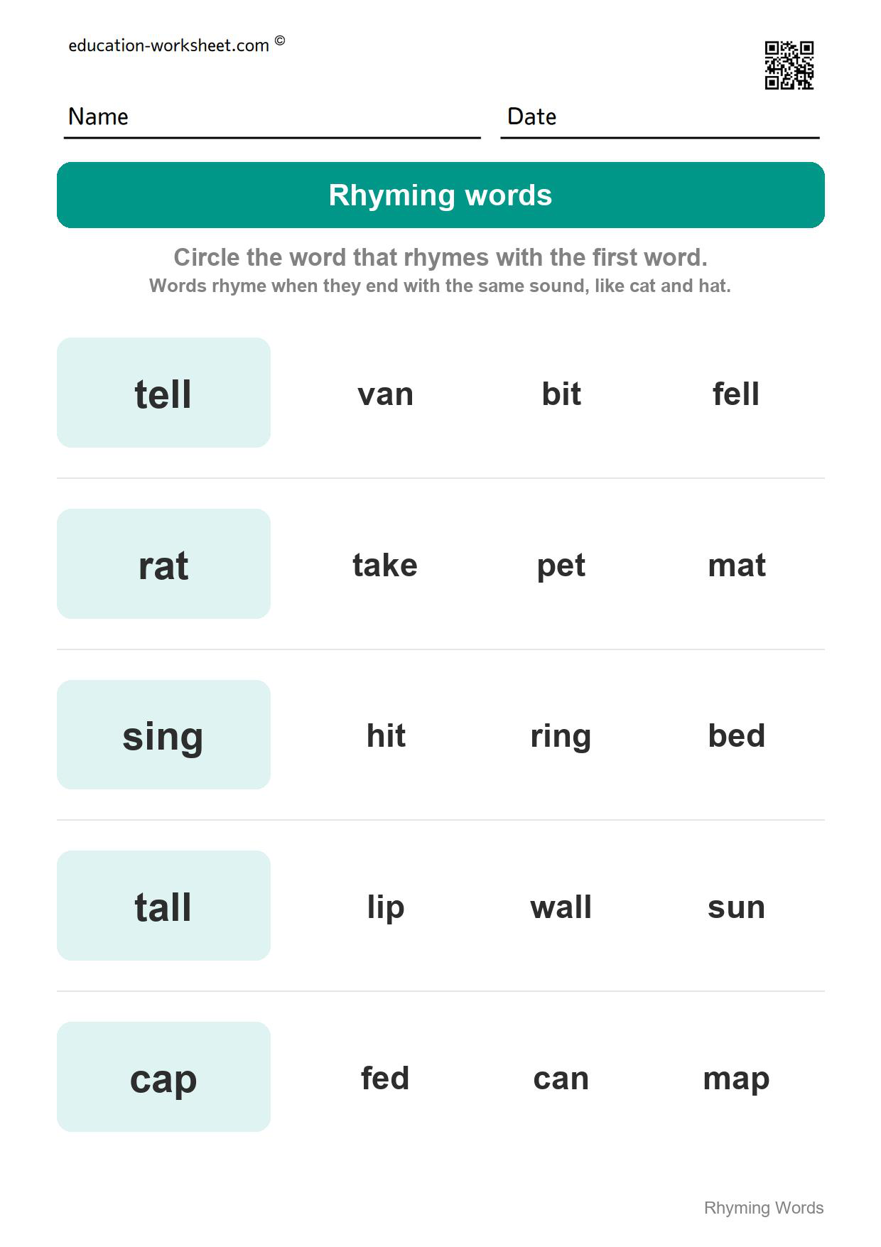 Circle the rhyming word (Set 6) - Free Rhyming Words Worksheets for Kindergarten - Words That Rhyme