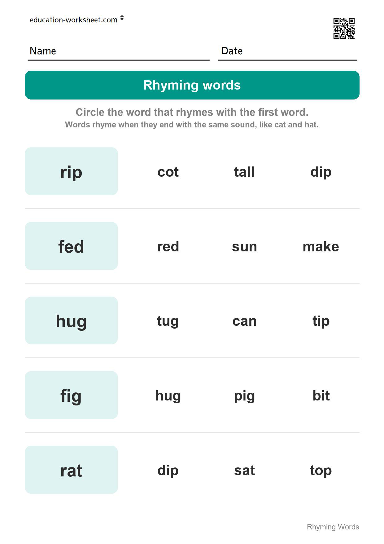 Circle the rhyming word (Set 7) - Free Rhyming Words Worksheets for Kindergarten - Words That Rhyme
