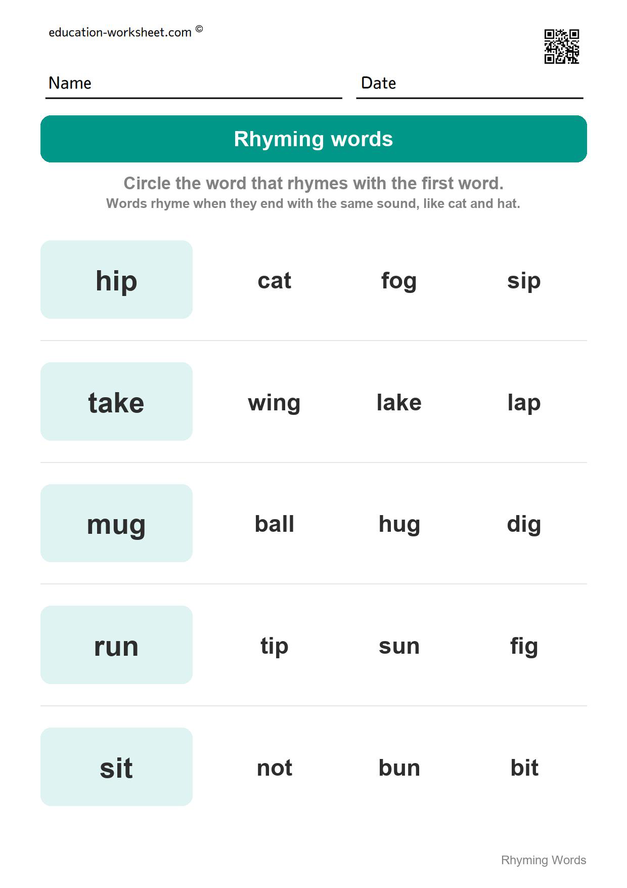 Circle the rhyming word (Set 8) - Free Rhyming Words Worksheets for Kindergarten - Words That Rhyme
