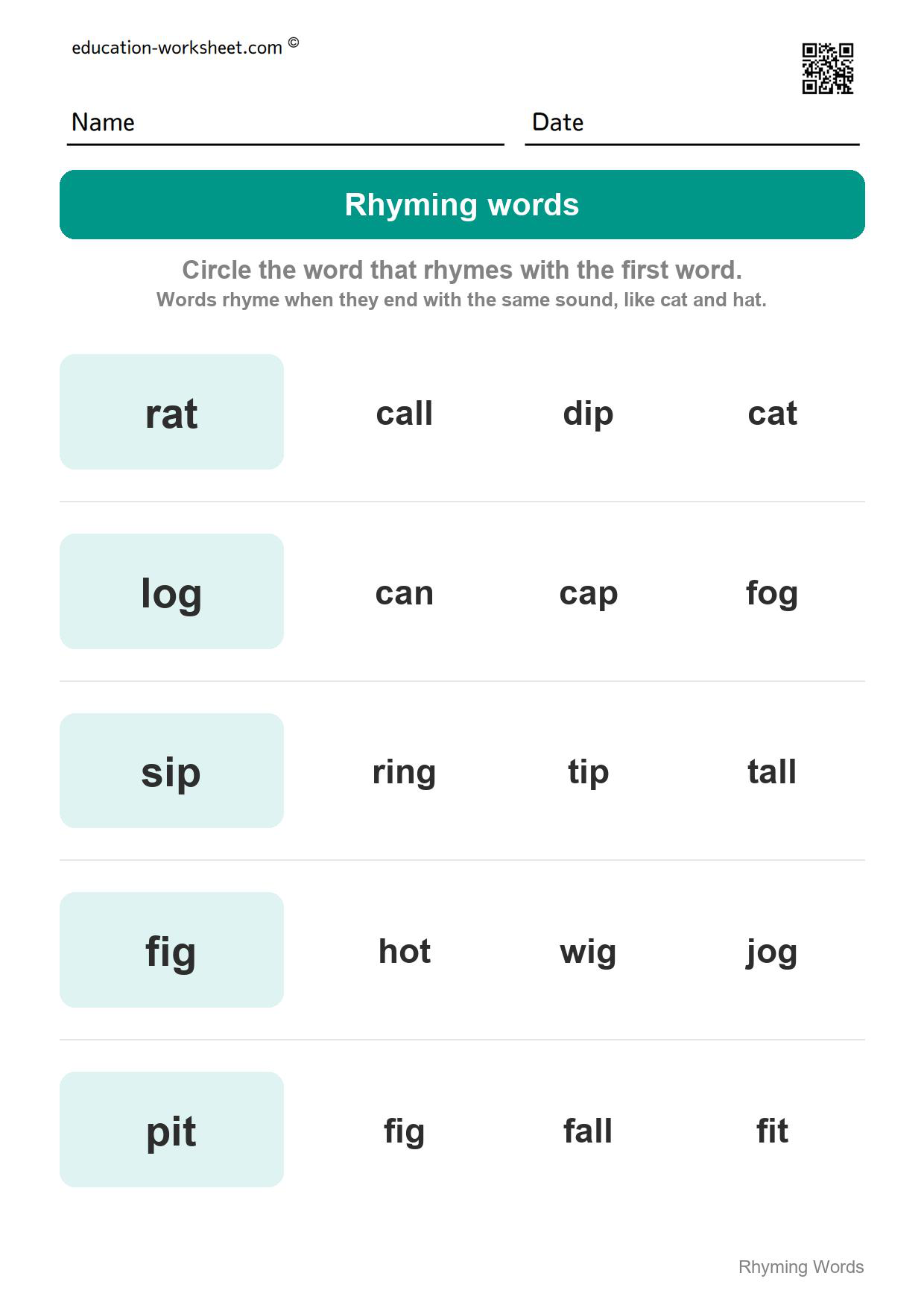 Circle the rhyming word (Set 9) - Free Rhyming Words Worksheets for Kindergarten - Words That Rhyme