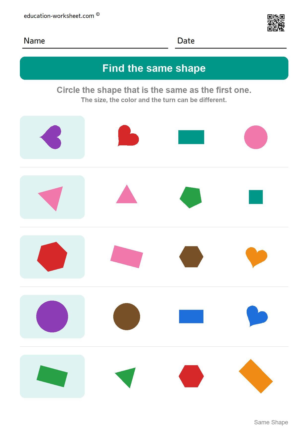 Find the same shape (Set 1) - Free Same Shape Worksheets for Kindergarten - Match Shapes of Any Size