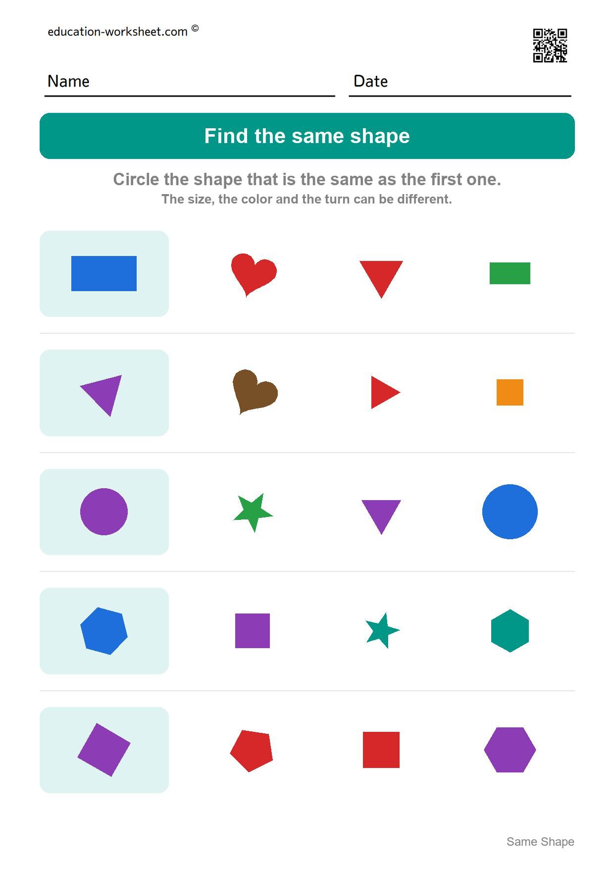 Find the same shape (Set 10) - Free Same Shape Worksheets for Kindergarten - Match Shapes of Any Size