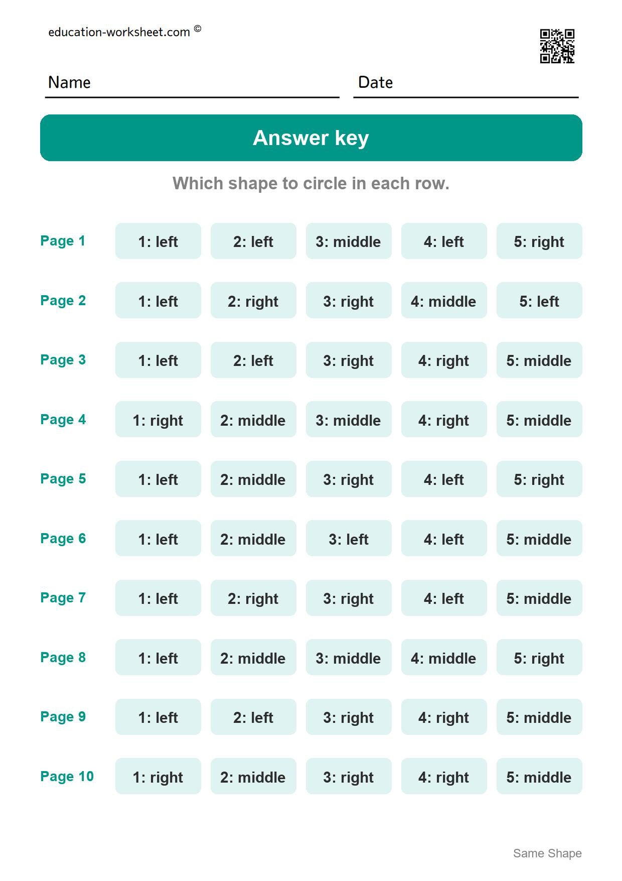 Answer key - all 10 pages - Free Same Shape Worksheets for Kindergarten - Match Shapes of Any Size